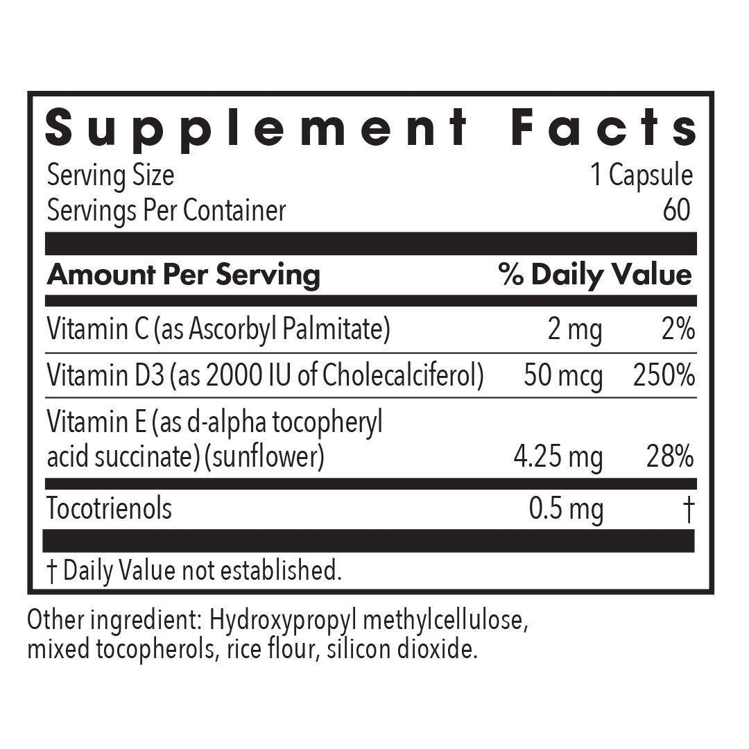 Super D3 - supplement fact label with Vitamin C, D3 , E and Tocotrienols