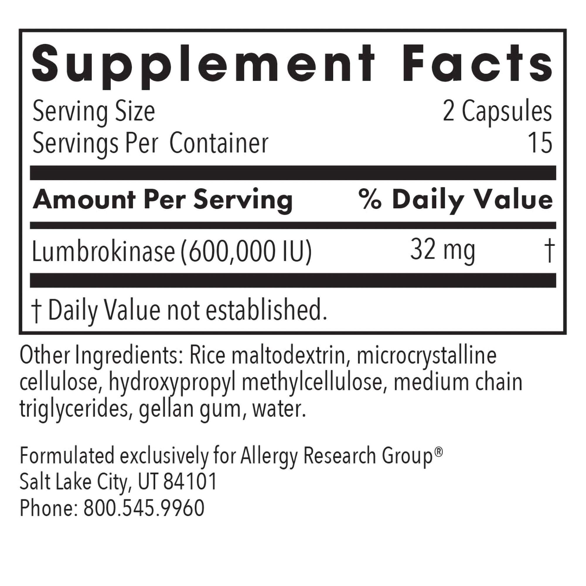 Lumbrokinase Circulatory System Support* -supplement fact label with Lumbrokinase
