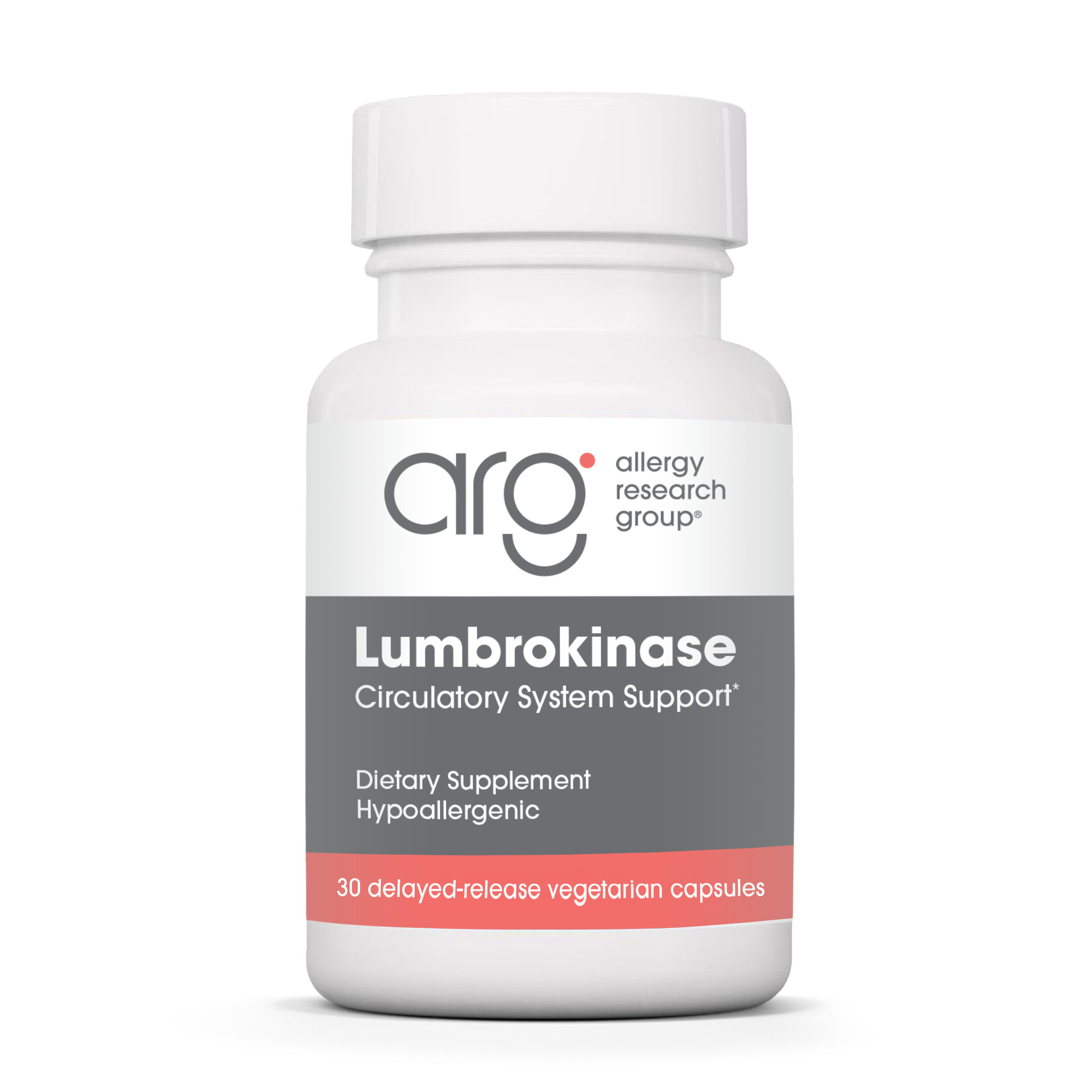 Lumbrokinase bottle front label for circulatory system support with 30 delayed-release vegetarian capsules