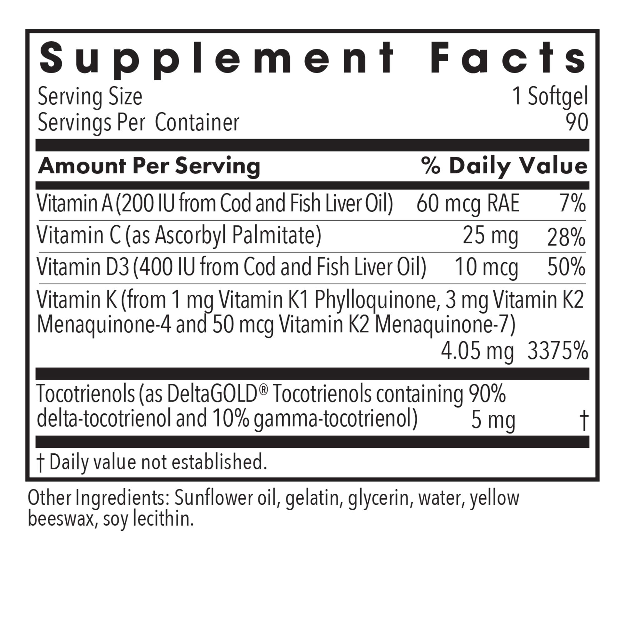 Full Spectrum Vitamin K - supplement fact label with Vitamin A,C,D3,K and Tocotrienols