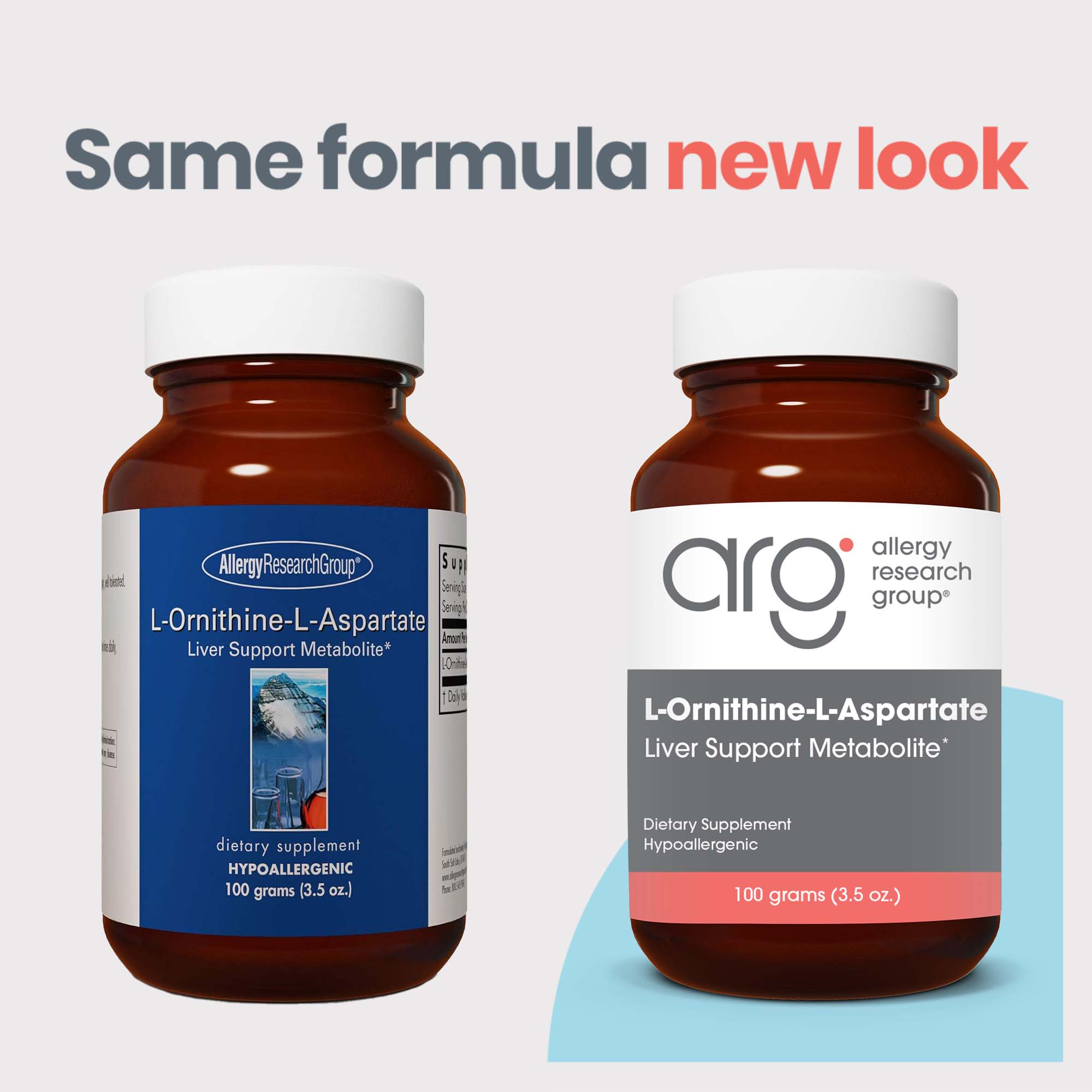 Same formula new look comparison for L-Ornithine-L-Aspartate liver support metabolite showing old and new Allergy Research Group bottle labels