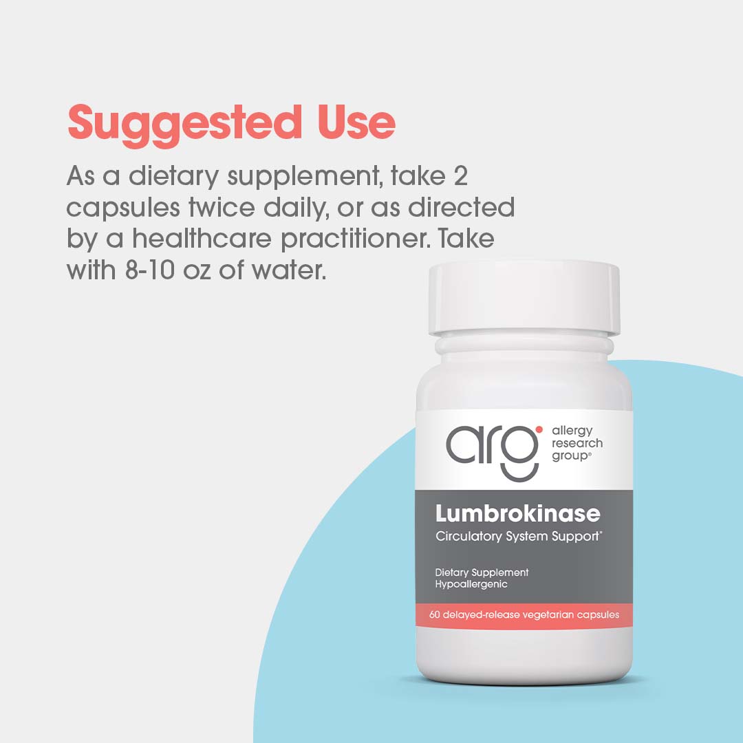 Lumbrokinase suggested use graphic with dosage instructions and circulatory support bottle
