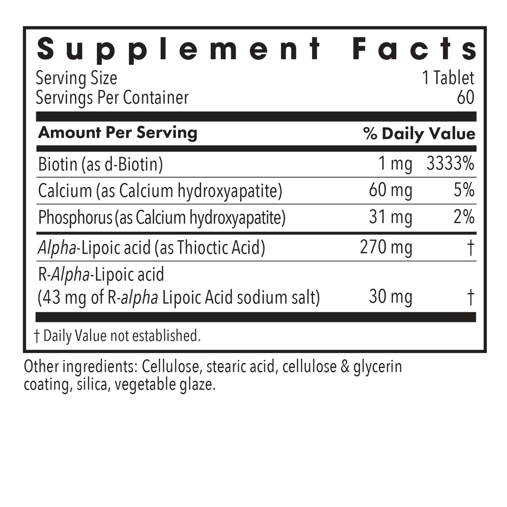 ALA Release -  supplement fact label with Biotin, Calcium, Phosphorus  