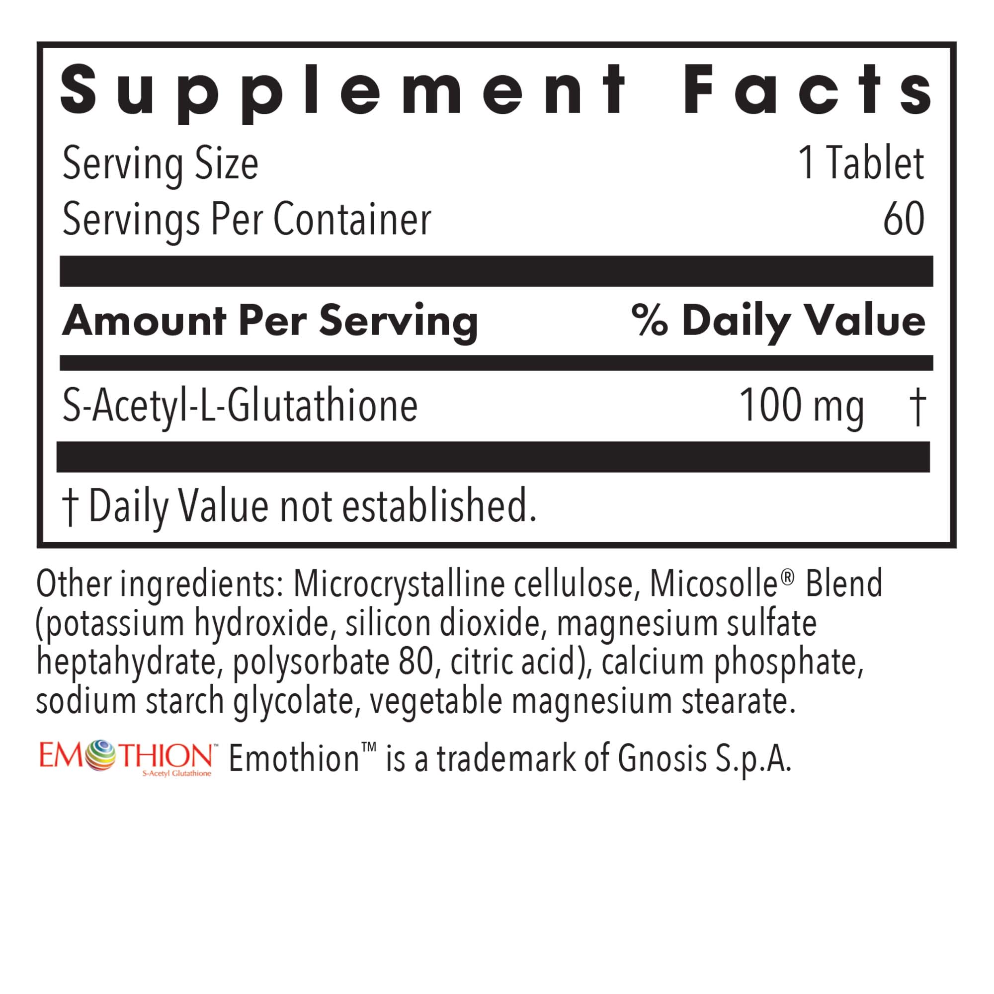 Acetyl-Glutathione 100 mg- supplement fact label with S-acetyl-L-glutathione