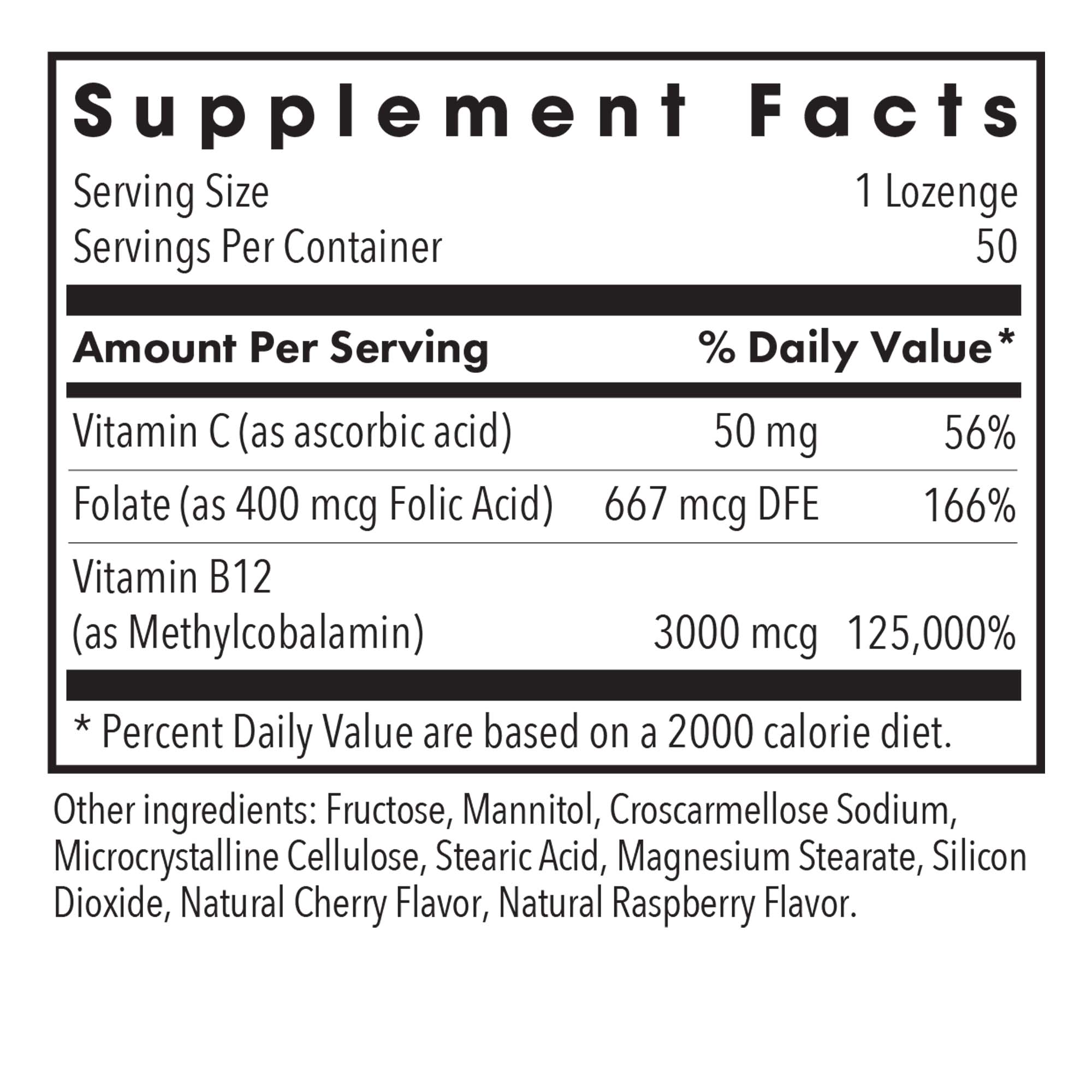 B12 Methylcobalamin - supplement fact label with Vitamin C, Folate and Vitamin B12