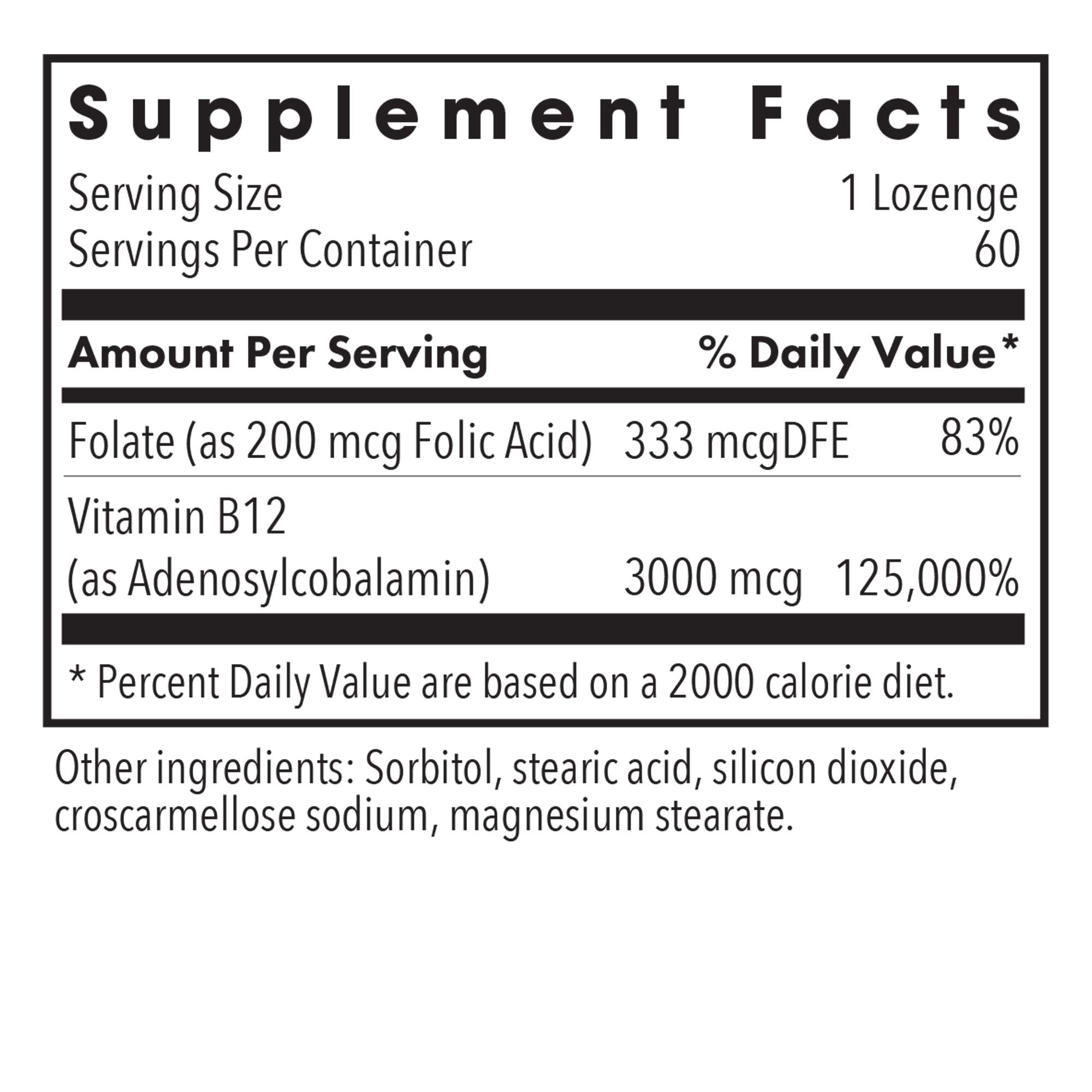 12 Adenosylcobalamin - supplement fact label with Folate and Vitamin B12