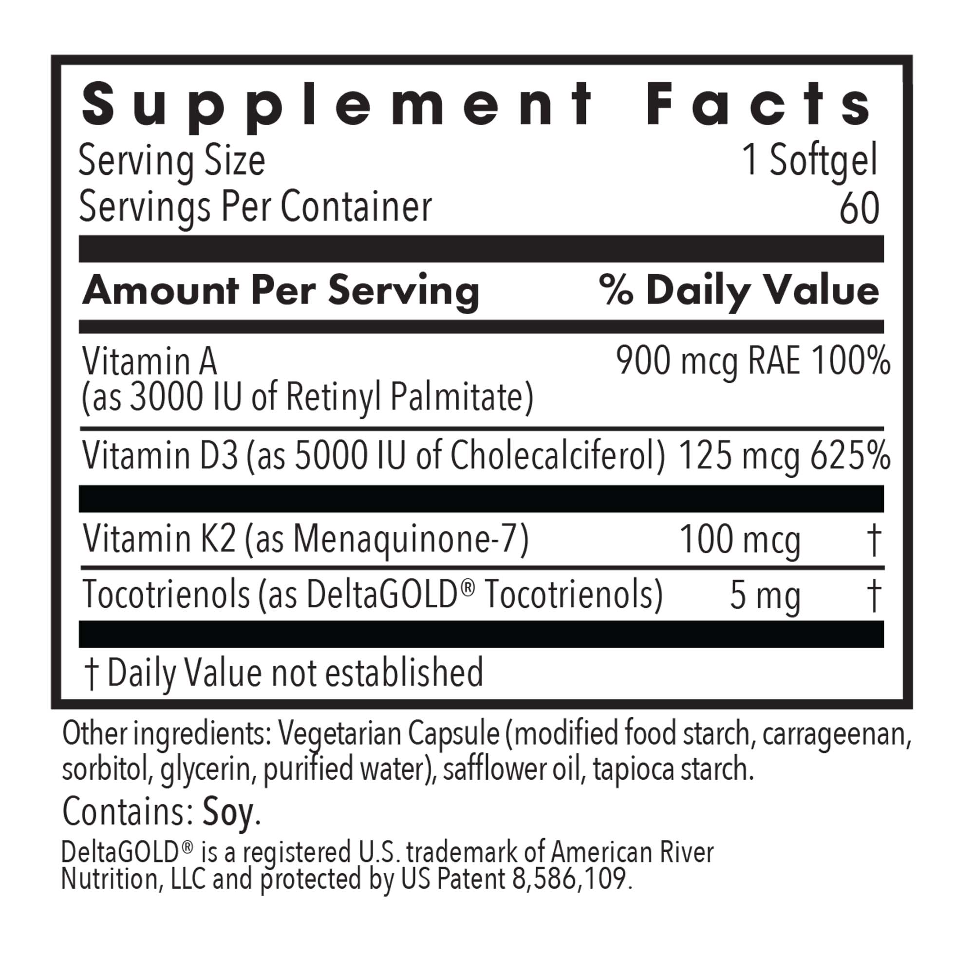 Vitamin D3 Complete 5000 - supplement fact label with Vitamin A,D3,K2 and Tocotrienols