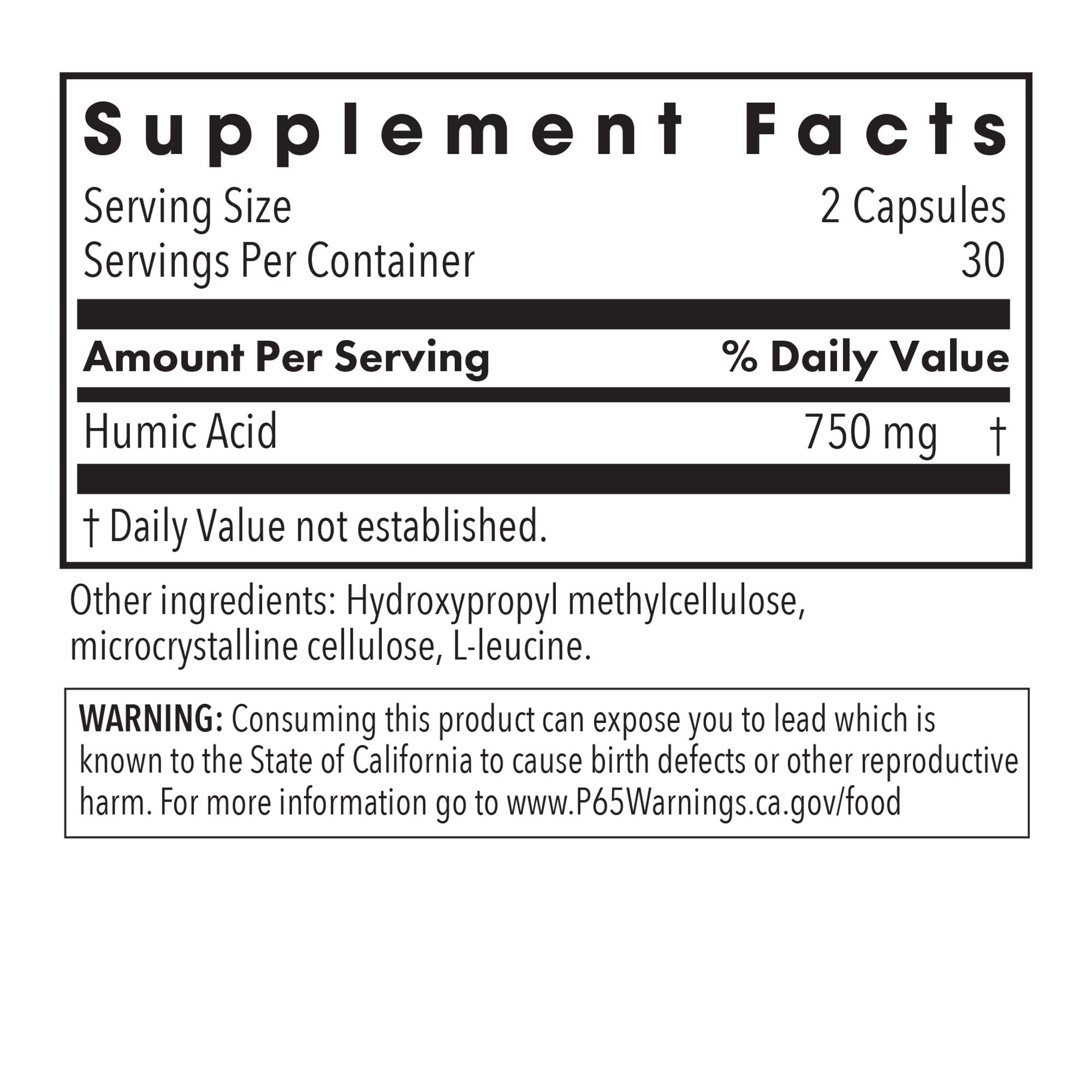 Humic Acid - supplement fact label with Humic Acid