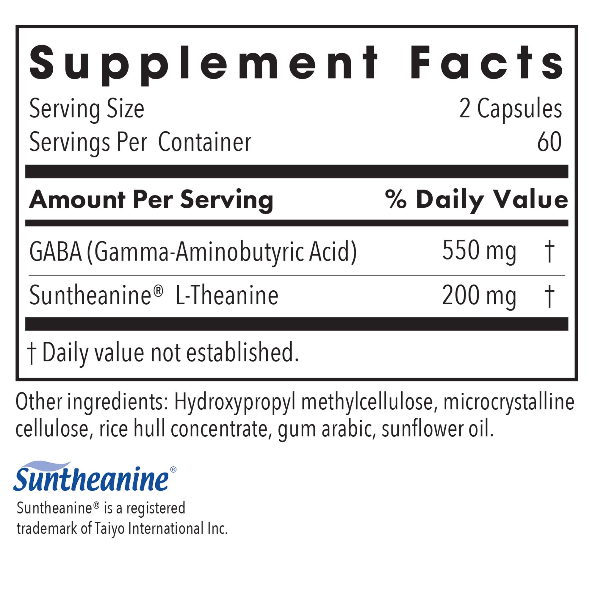 200 mg of Zen – supplement fact label with GABA and Suntheanine L-theanine