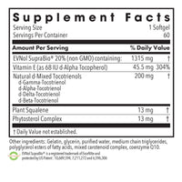 Supplement Facts panel for Tocomin SupraBio tocotrienols 200 mg showing vitamin E, mixed tocotrienols, plant squalene, and phytosterols