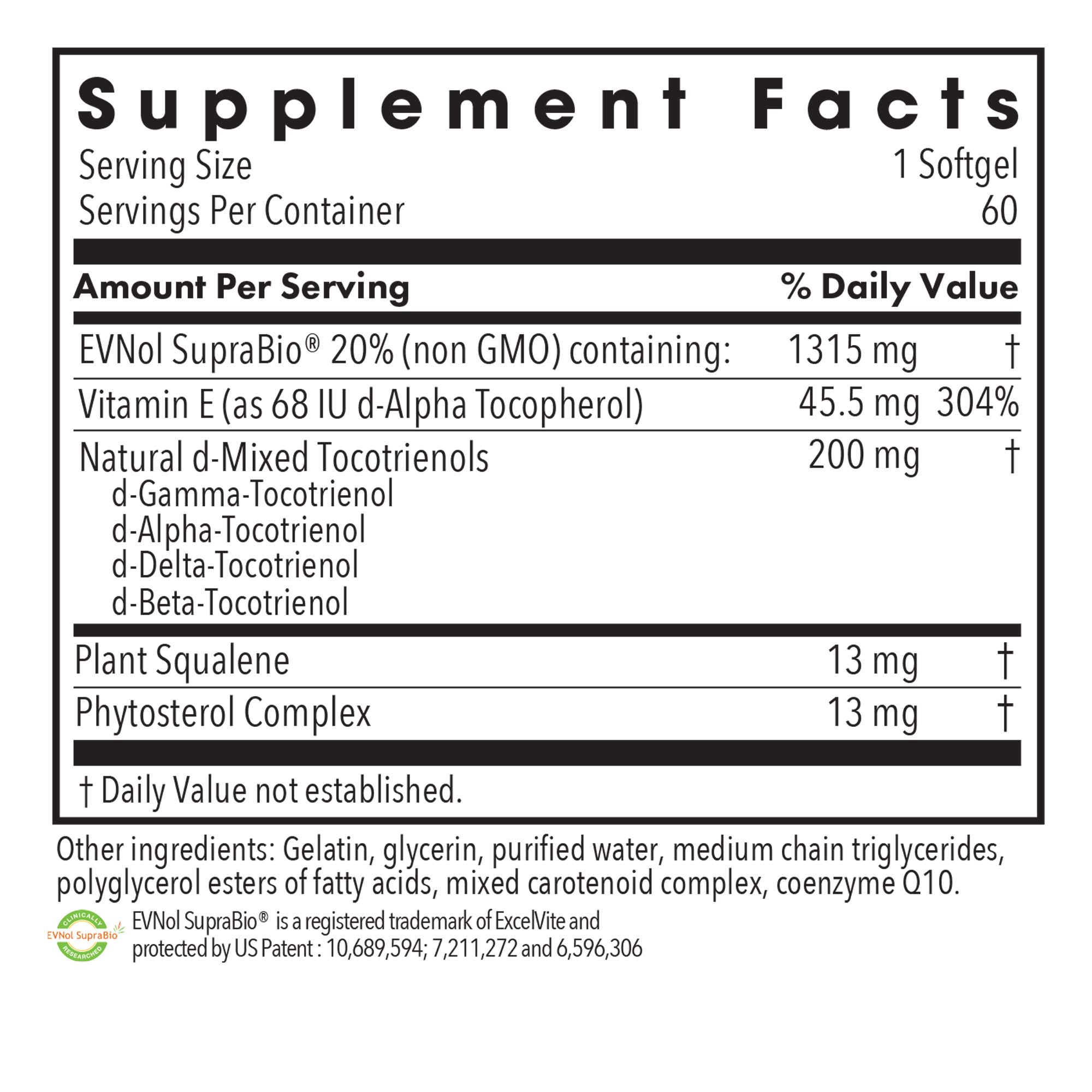 Supplement Facts panel for Tocomin SupraBio tocotrienols 200 mg showing vitamin E, mixed tocotrienols, plant squalene, and phytosterols