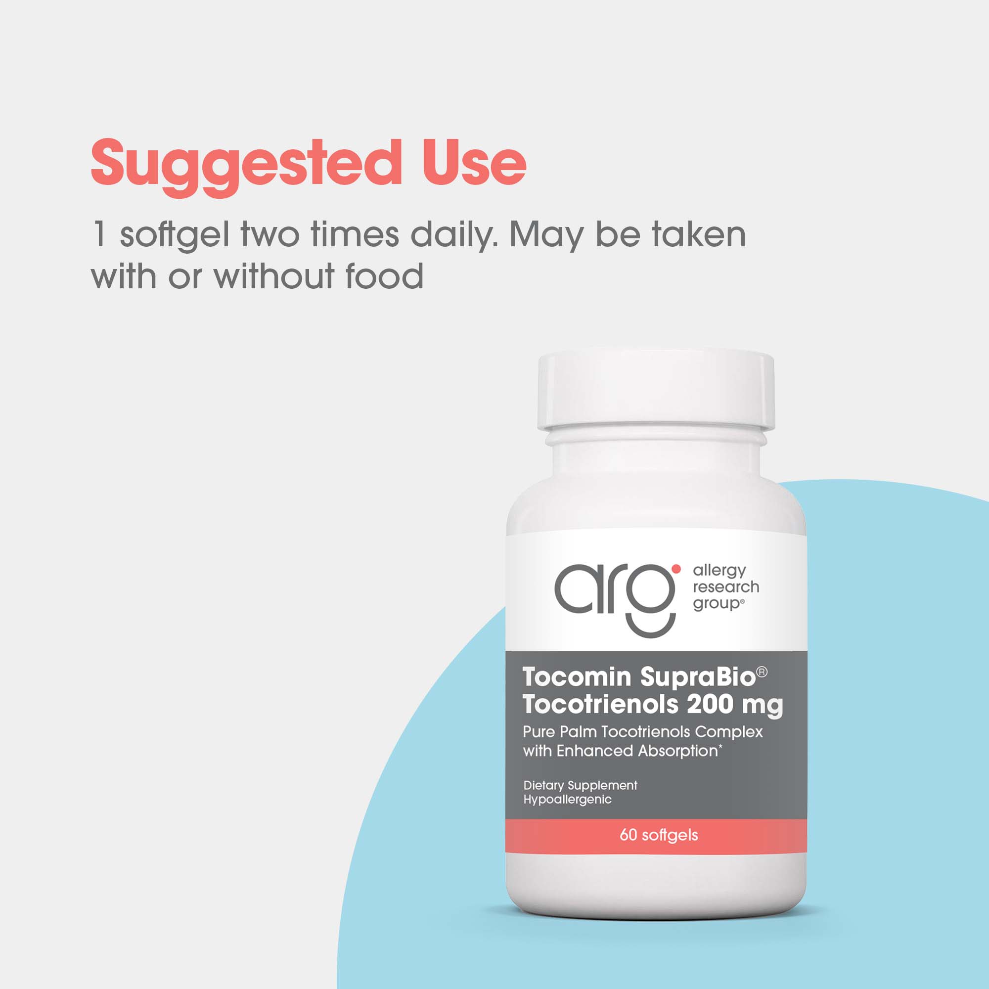 Tocomin SupraBio tocotrienols 200 mg product graphic for antioxidant and vitamin E support