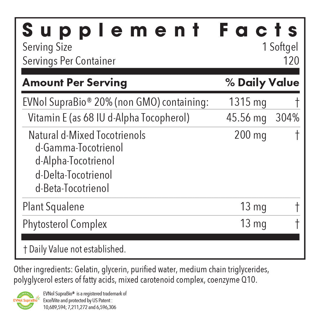Supplement Facts panel for Tocomin SupraBio tocotrienols 200 mg, 120 softgels, showing mixed tocotrienols and vitamin E