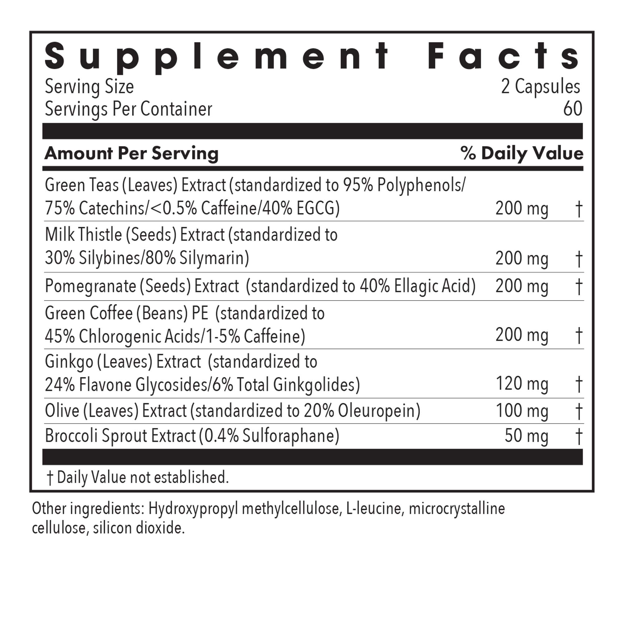 Nrf2 Renew® - supplement fact label with Green Teas, Milk Thistle Extract, Pommegranate and more