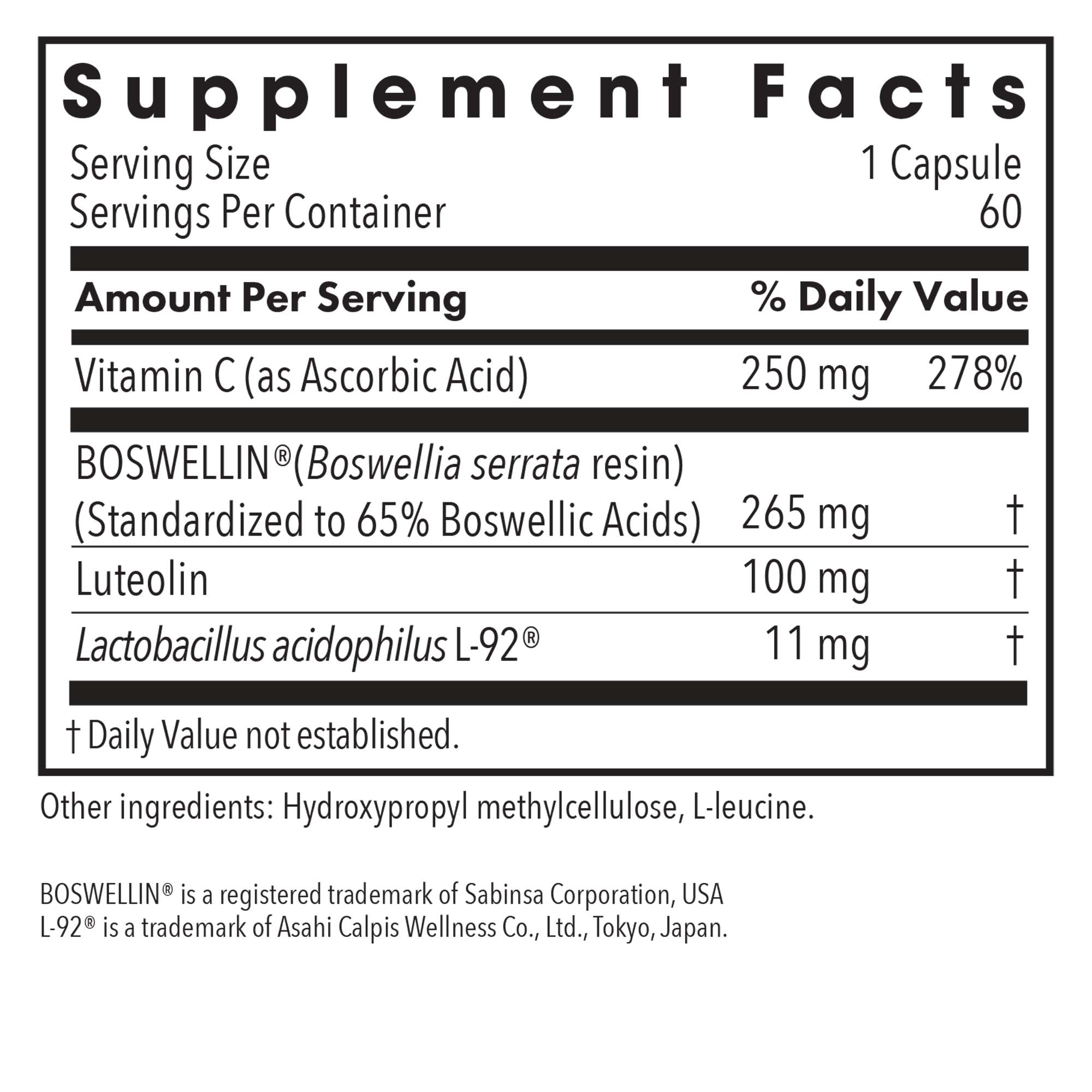 Aller-Aid™ L-92® – supplement fact label with Boswellin, Luteolin and Lactobacillus acidophilus L-92