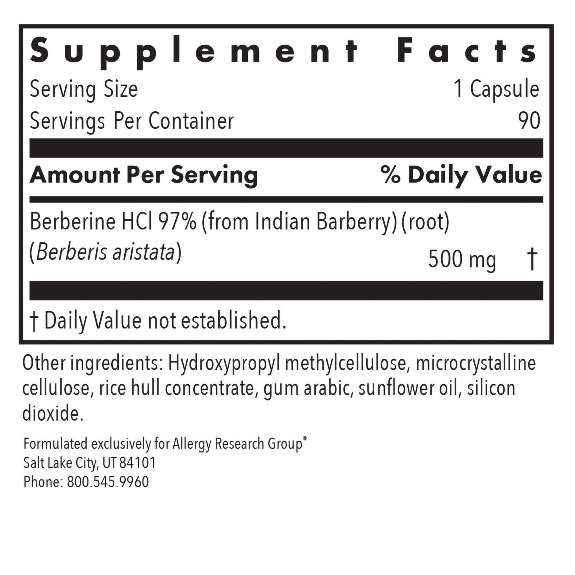 Berberine 500 - supplement fact label with Berberine HCI 97%