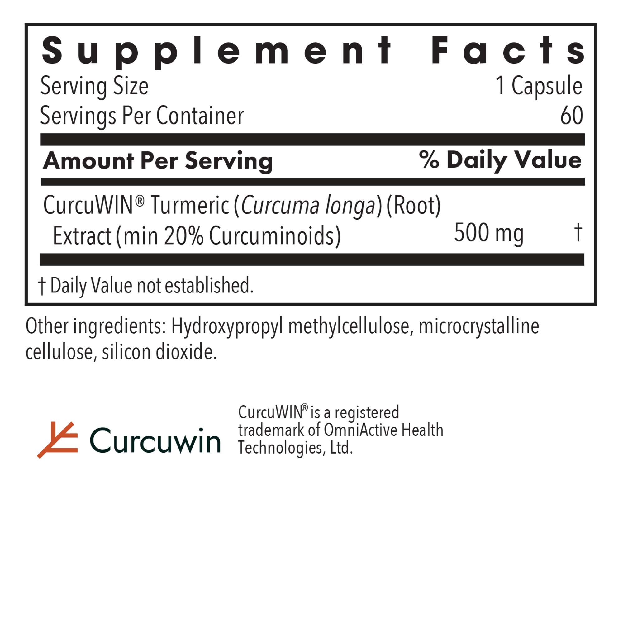 CurcuWIN® 500 - supplement fact label with CurcuWIN® Tumeric Extract