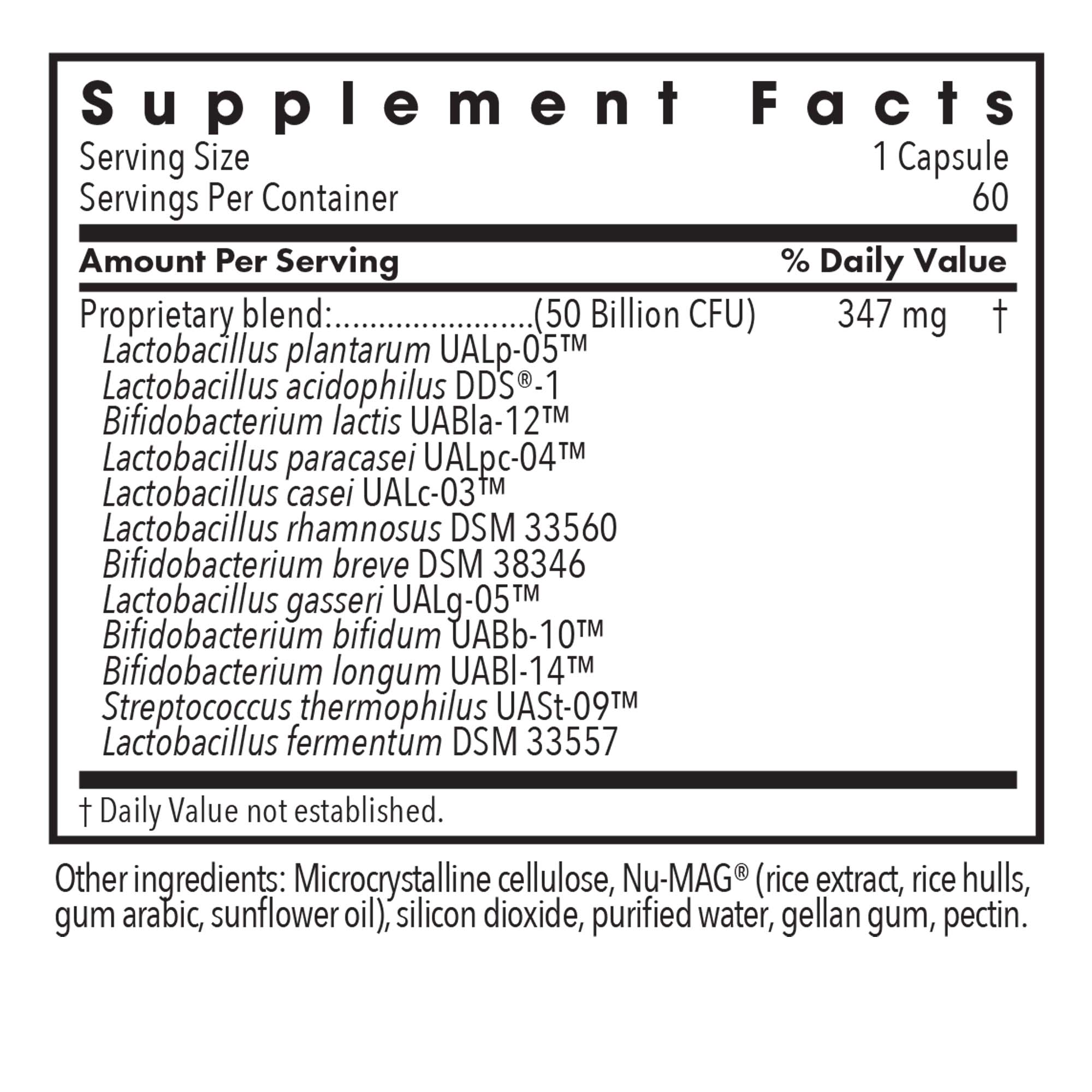 Supplement Facts panel for Essential-Biotic Complete probiotic showing 50 billion CFU and 12 delayed-release probiotic strains