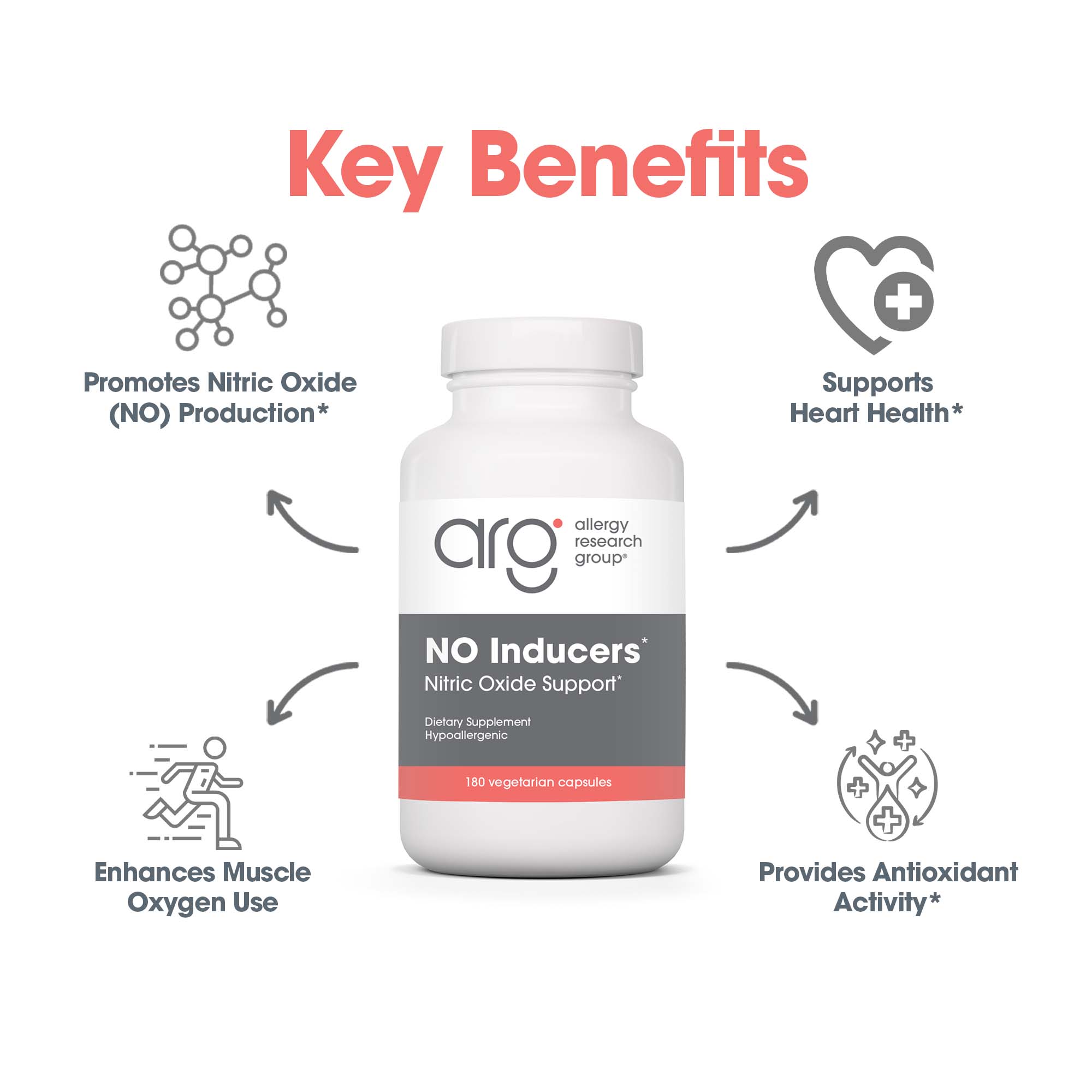 NO Inducers* -key benefits including muscle oxygen and antioxidant activity 