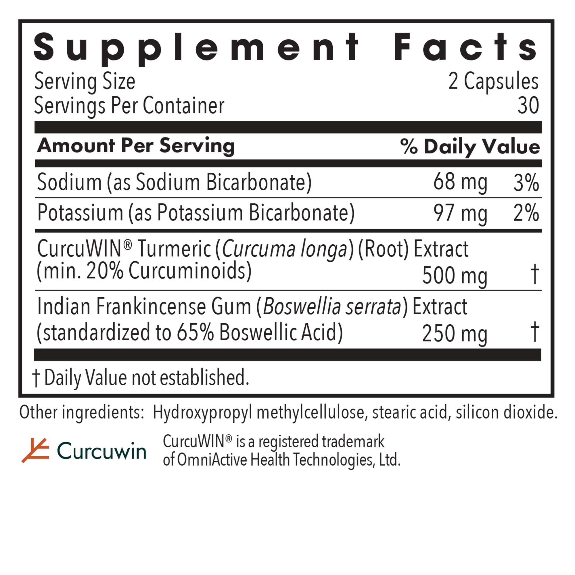 Supplement Facts panel for Herxheimer Support showing sodium bicarbonate, potassium bicarbonate, CurcuWIN turmeric, and Boswellia extract