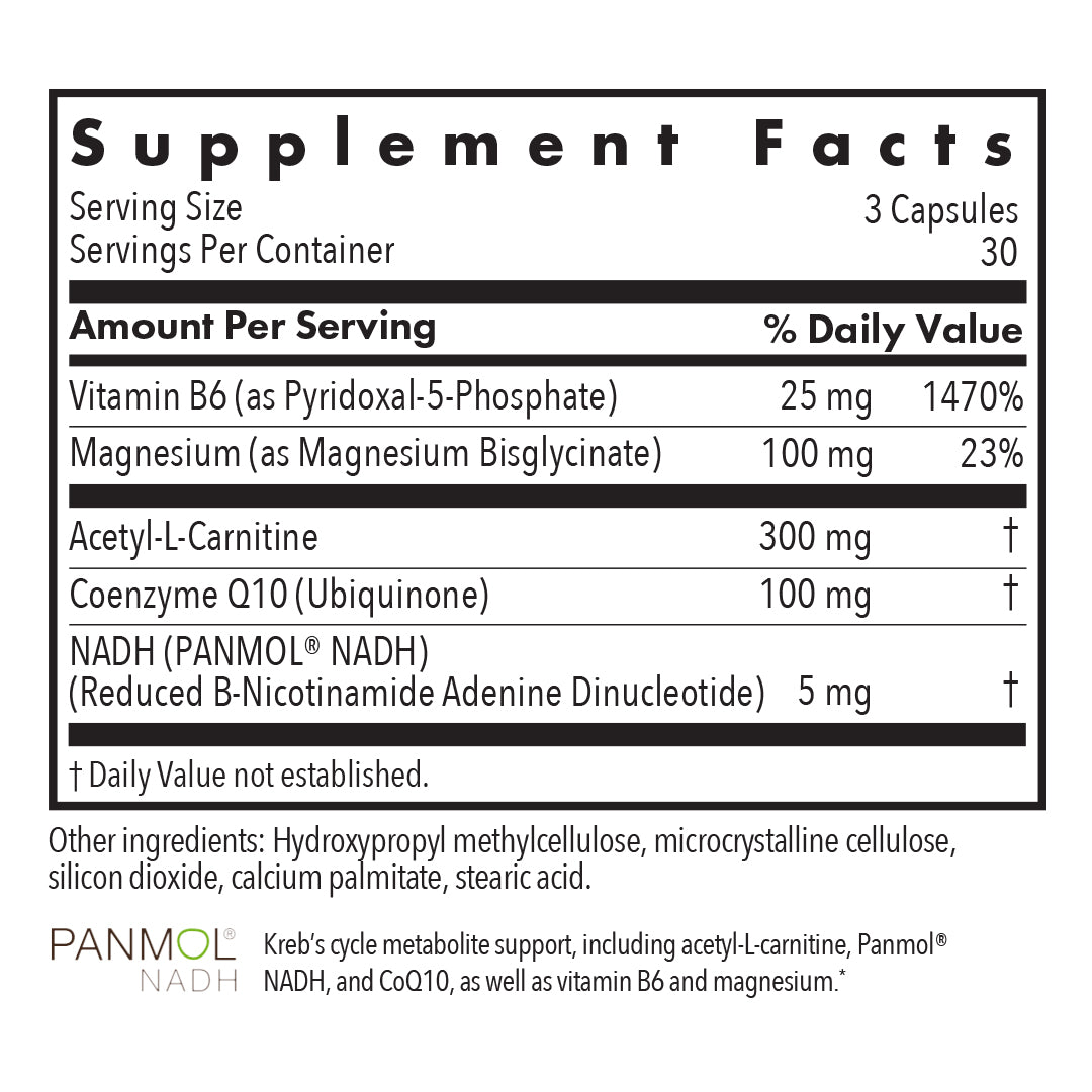 Mitochondrial Cofactors - supplement fact label with Vitamin B6, Magnesium, Acetyl-L-Carnitine, Coenzyme Q10 and NADH