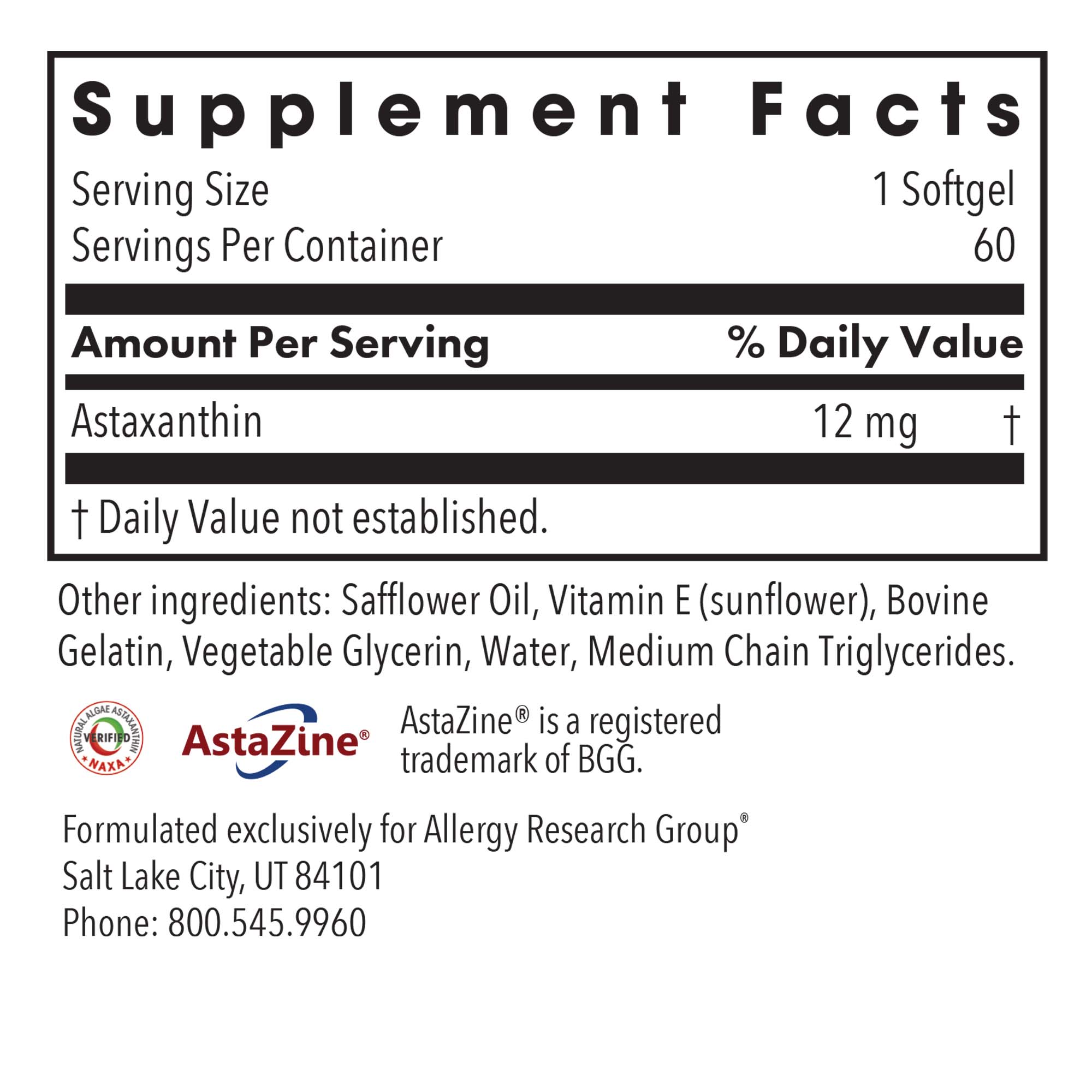 Astaxanthin 12 mg - supplement fact label with Astaxanthin