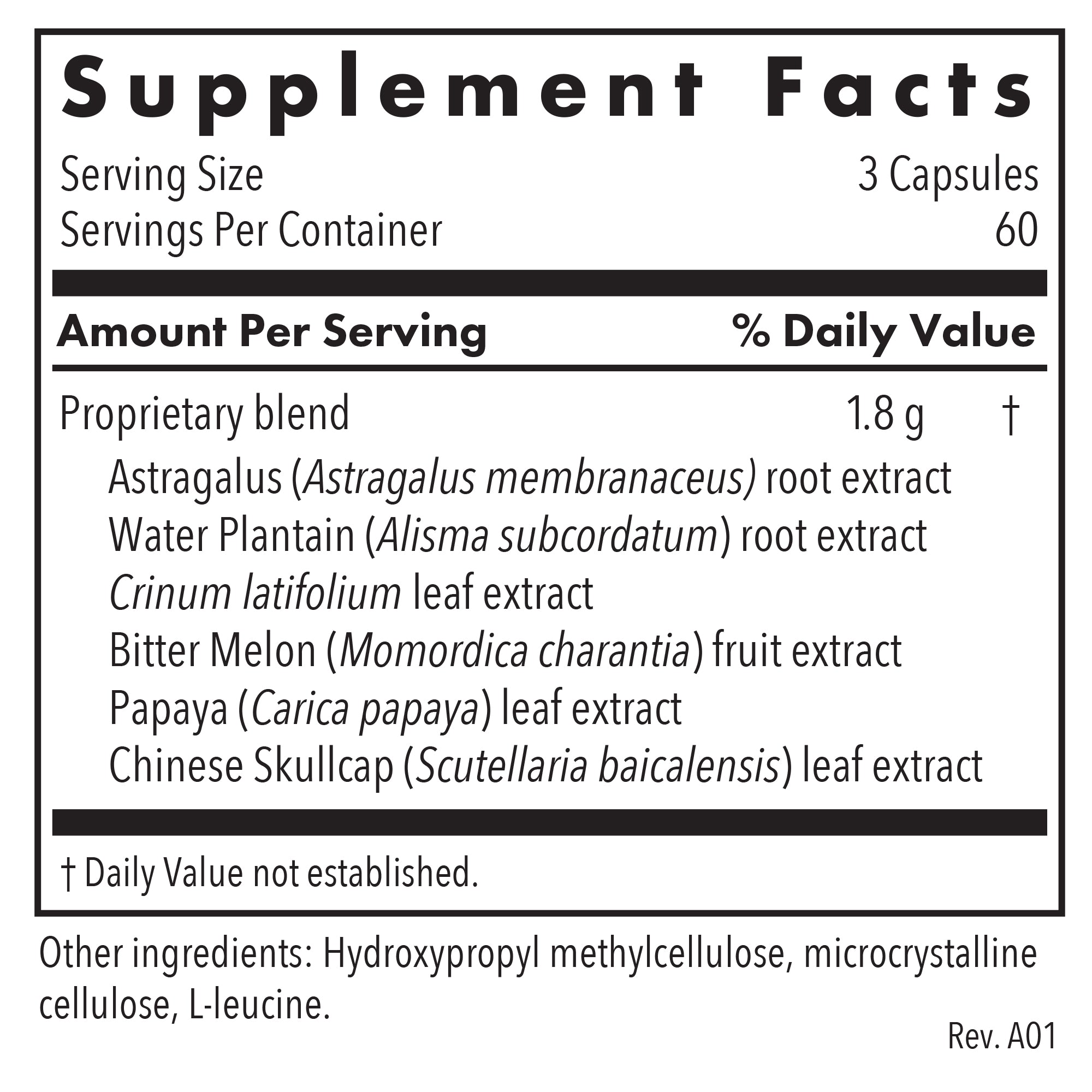 Supplement Facts panel for Healthy Prostate & Ovary showing astragalus, water plantain root, crinum latifolium, bitter melon, papaya leaf, and Chinese skullcap
