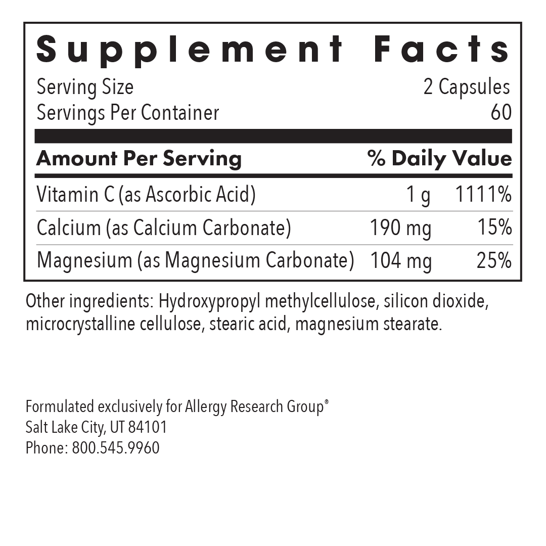 Buffered Vitamin C - supplement fact label with Vitamin C, Calcium and Magnesium