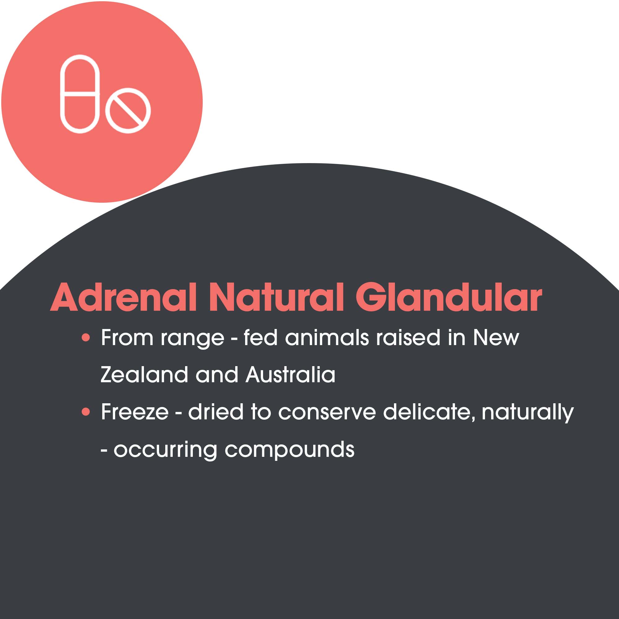 Adrenal Natural Glandular ingredient graphic highlighting range-fed sourcing in New Zealand and Australia and freeze-dried adrenal tissue
