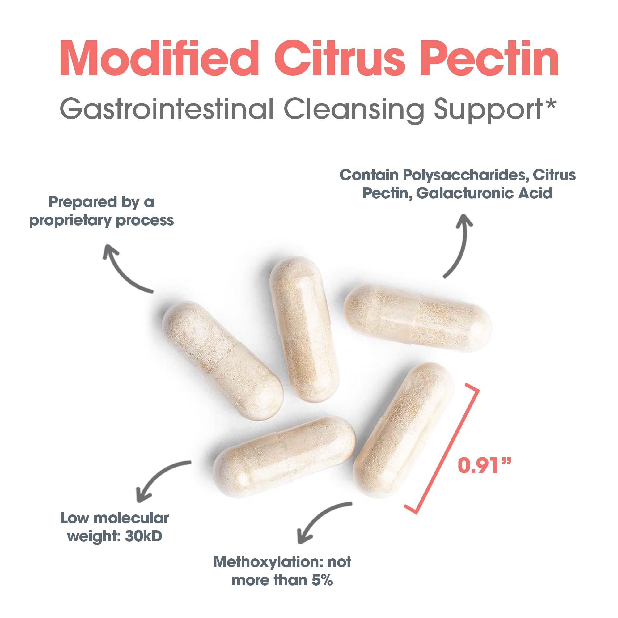 Close-up capsule graphic for Modified Citrus Pectin supplement showing capsule form and product details
