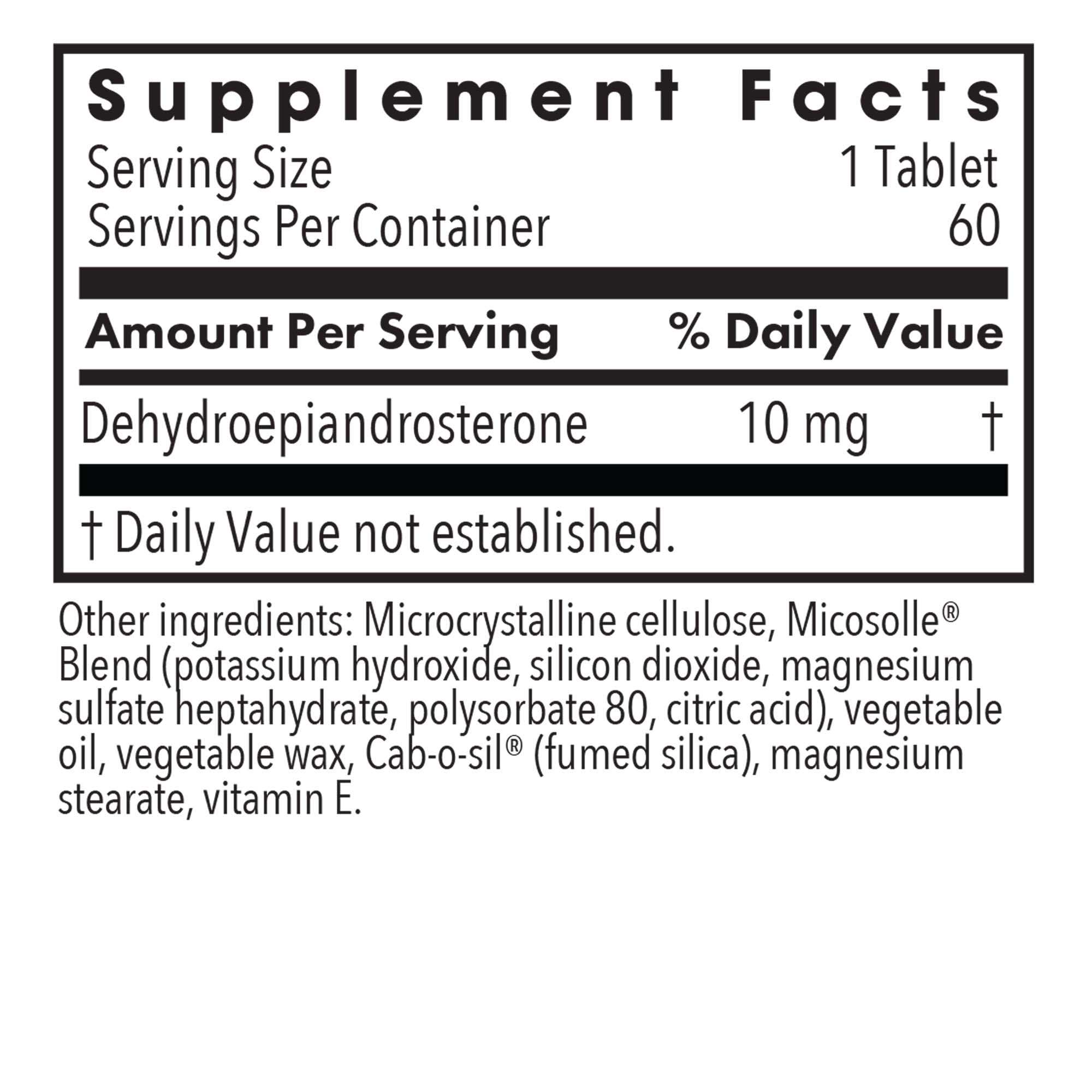 Supplement Facts panel for DHEA 10 mg micronized lipid matrix showing 10 mg dehydroepiandrosterone per tablet