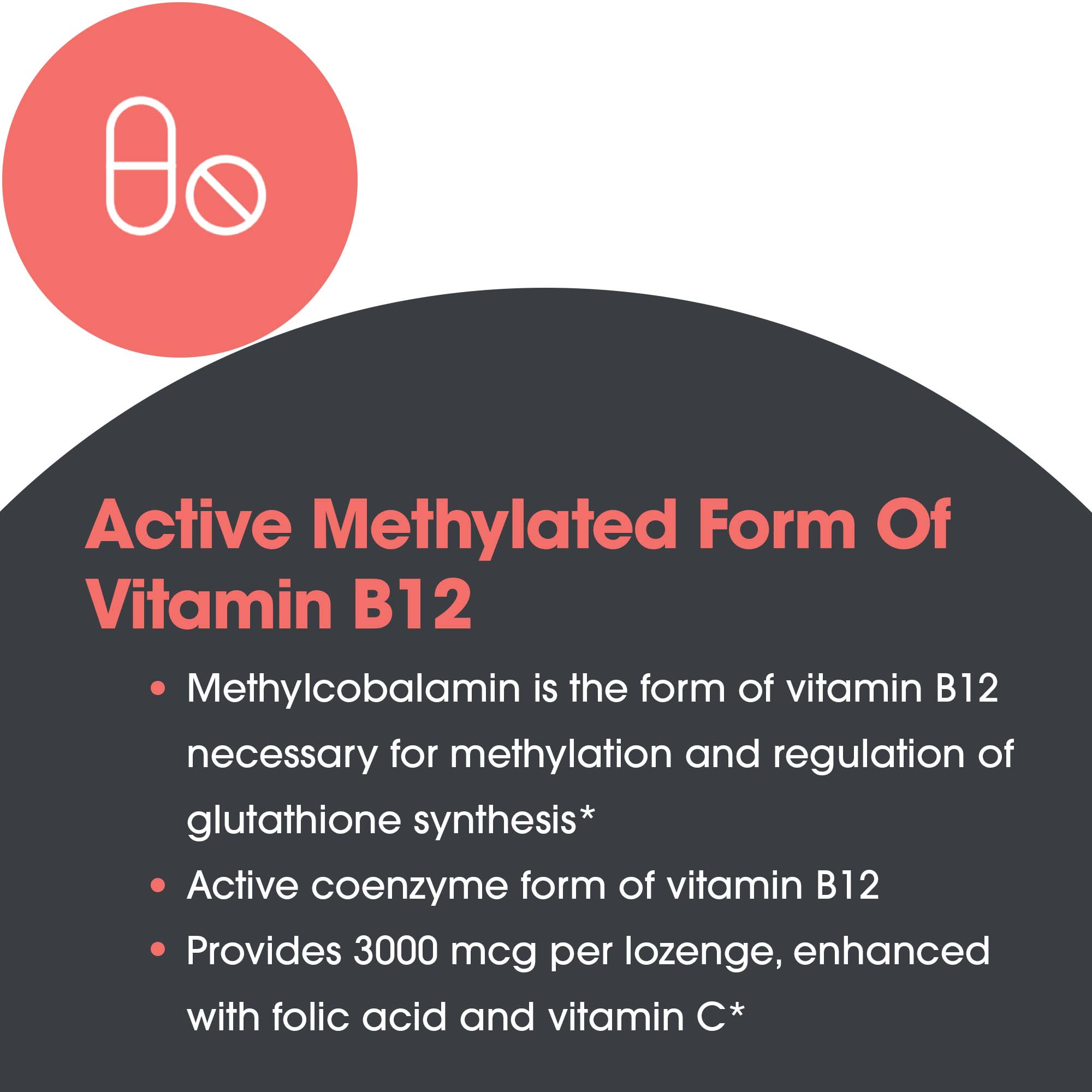 B12 Methylcobalamin benefit graphic highlighting active methylated vitamin B12 for methylation, glutathione synthesis, and 3000 mcg lozenge support