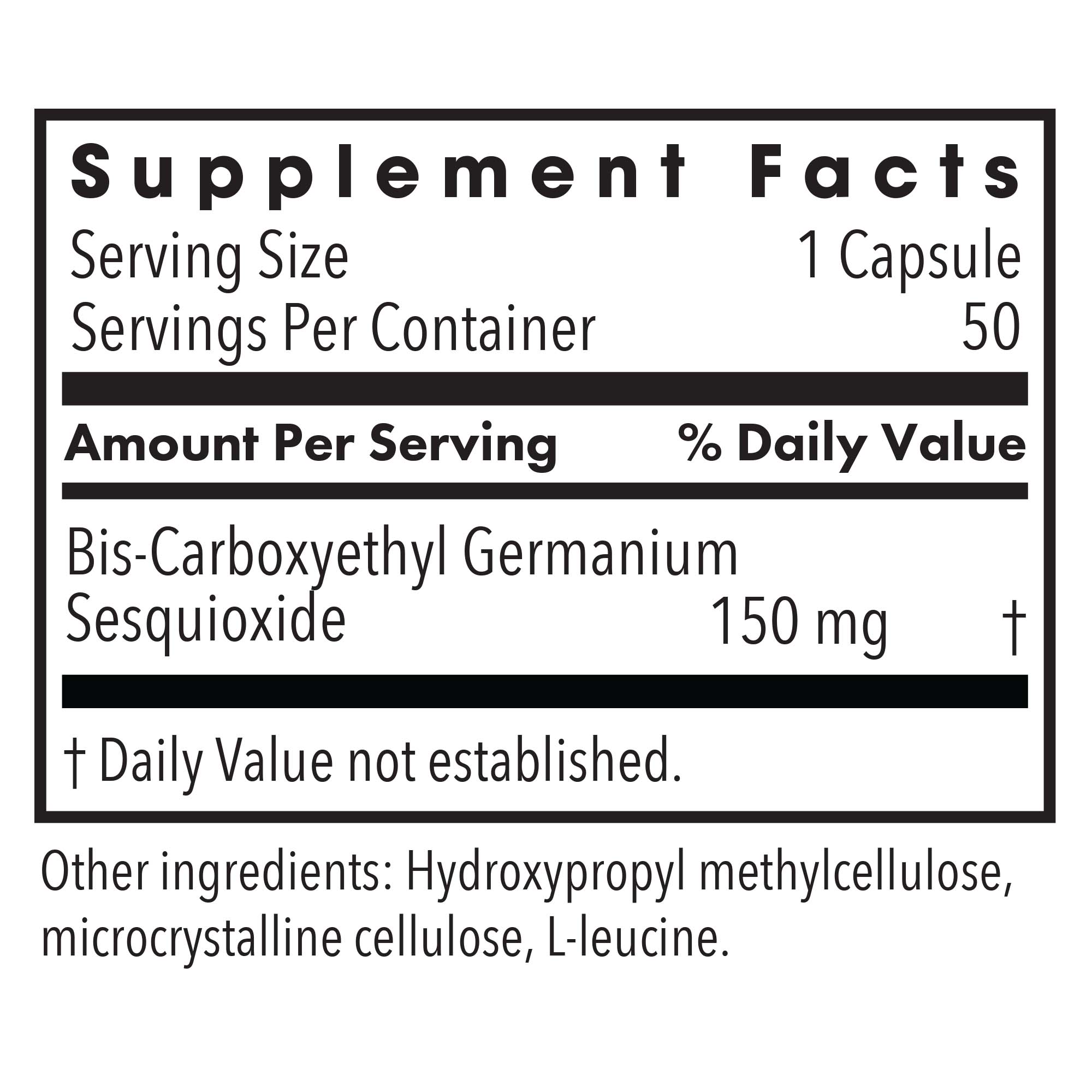 Supplement Facts panel for Organo-Germanium Ge-132 showing 150 mg bis-carboxyethyl germanium sesquioxide per capsule