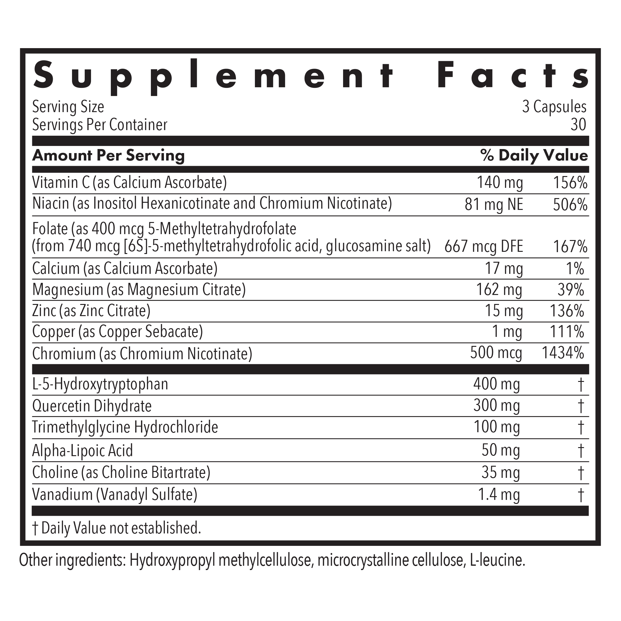 Seratonin - supplement fact label with Vitamin C, Niacin, Calcium and more