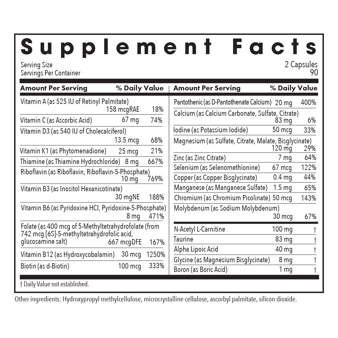 Supplement Facts panel for MVM-A multivitamin with antioxidants showing vitamins, minerals, N-acetyl-L-carnitine, taurine, alpha lipoic acid, and boron