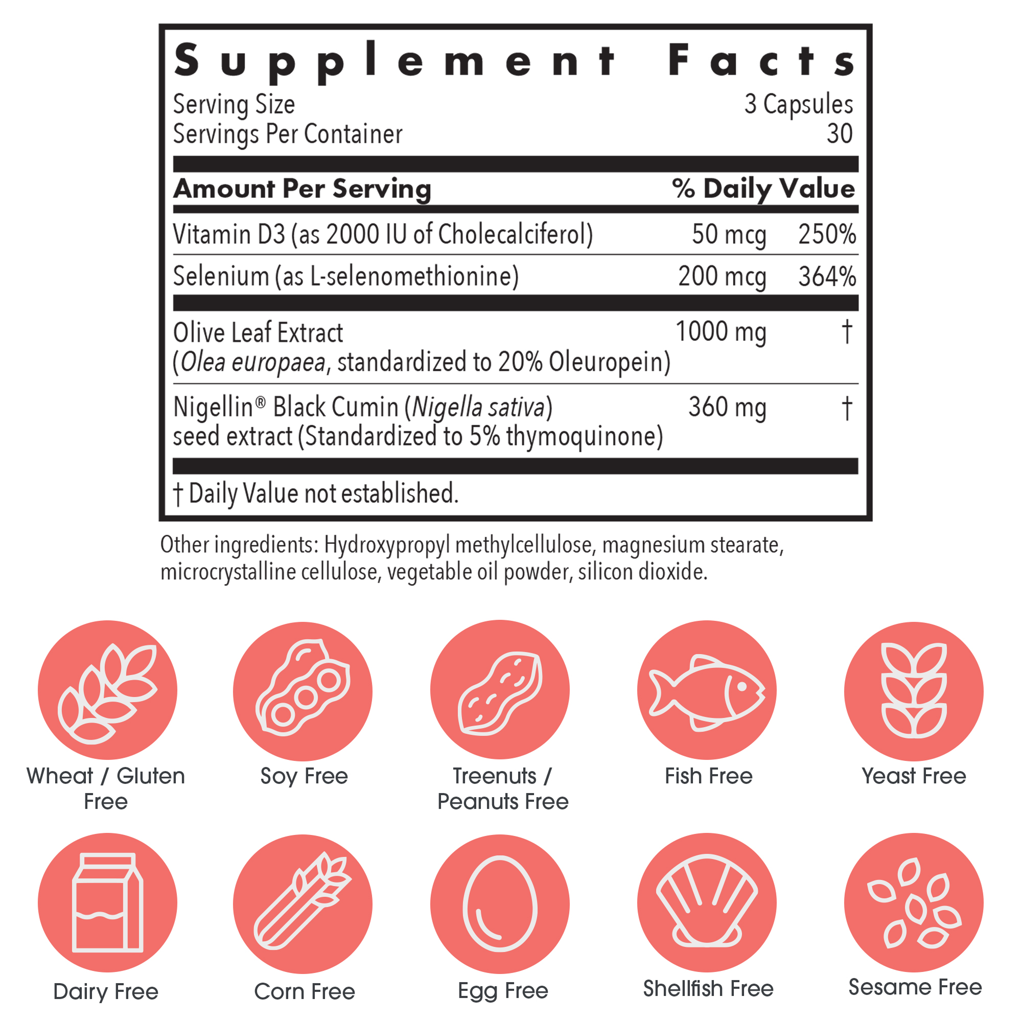 Supplement Facts panel for Immuno Thyroid CV showing vitamin D3, selenium, olive leaf extract, and black cumin seed extract