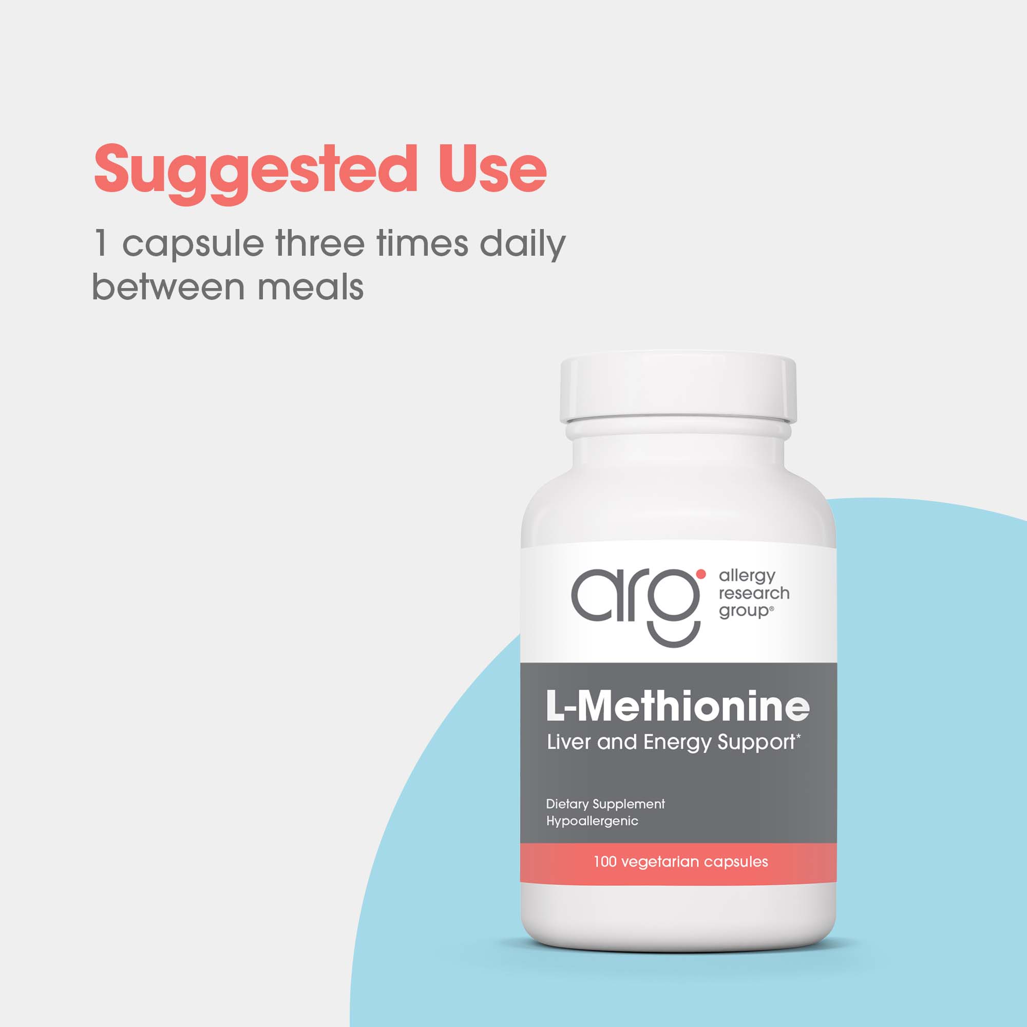 L-Methionine 500 mg - suggested use: 1 capsule three times daily between meals