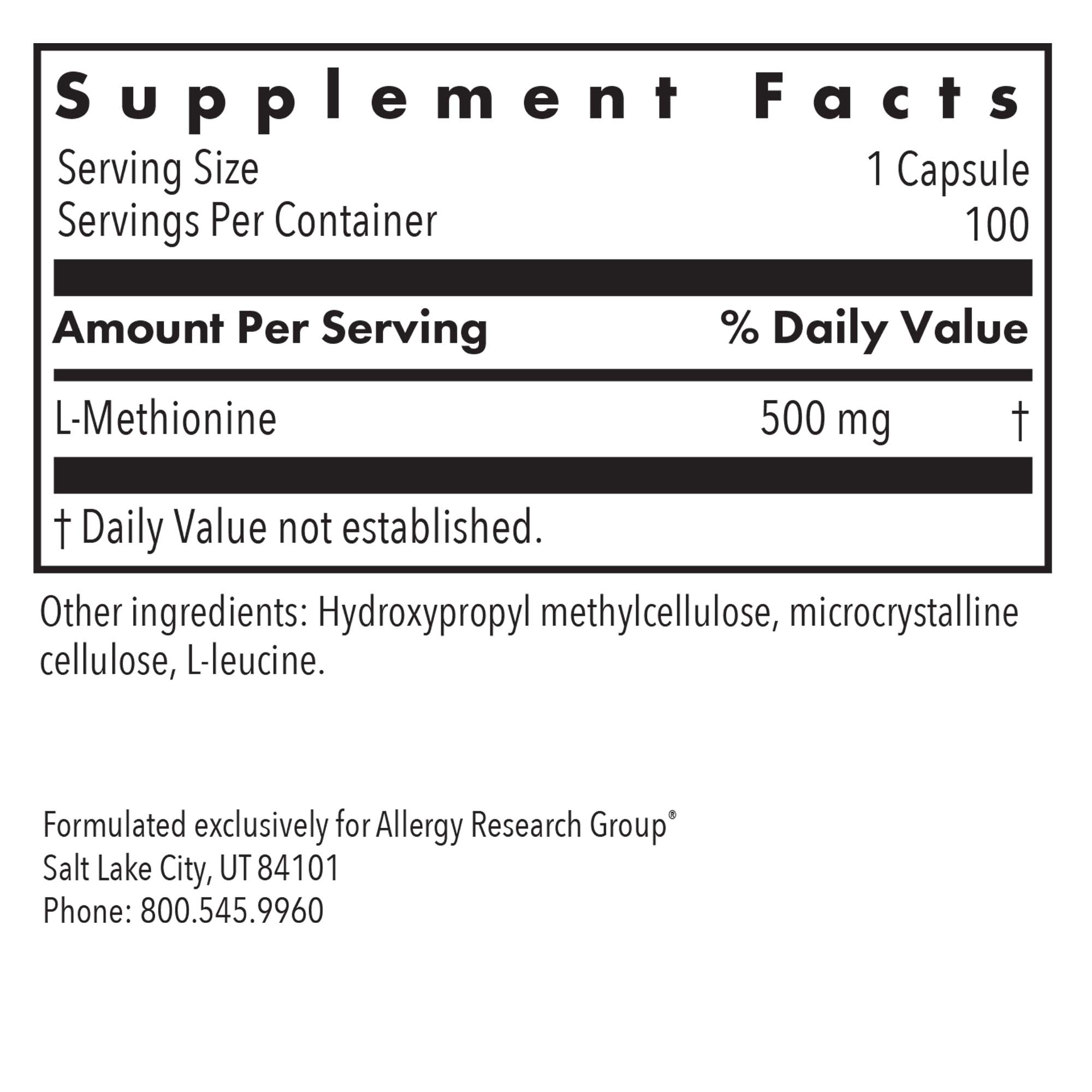 L-Methionine 500 mg - supplement fact label with L-Methionine