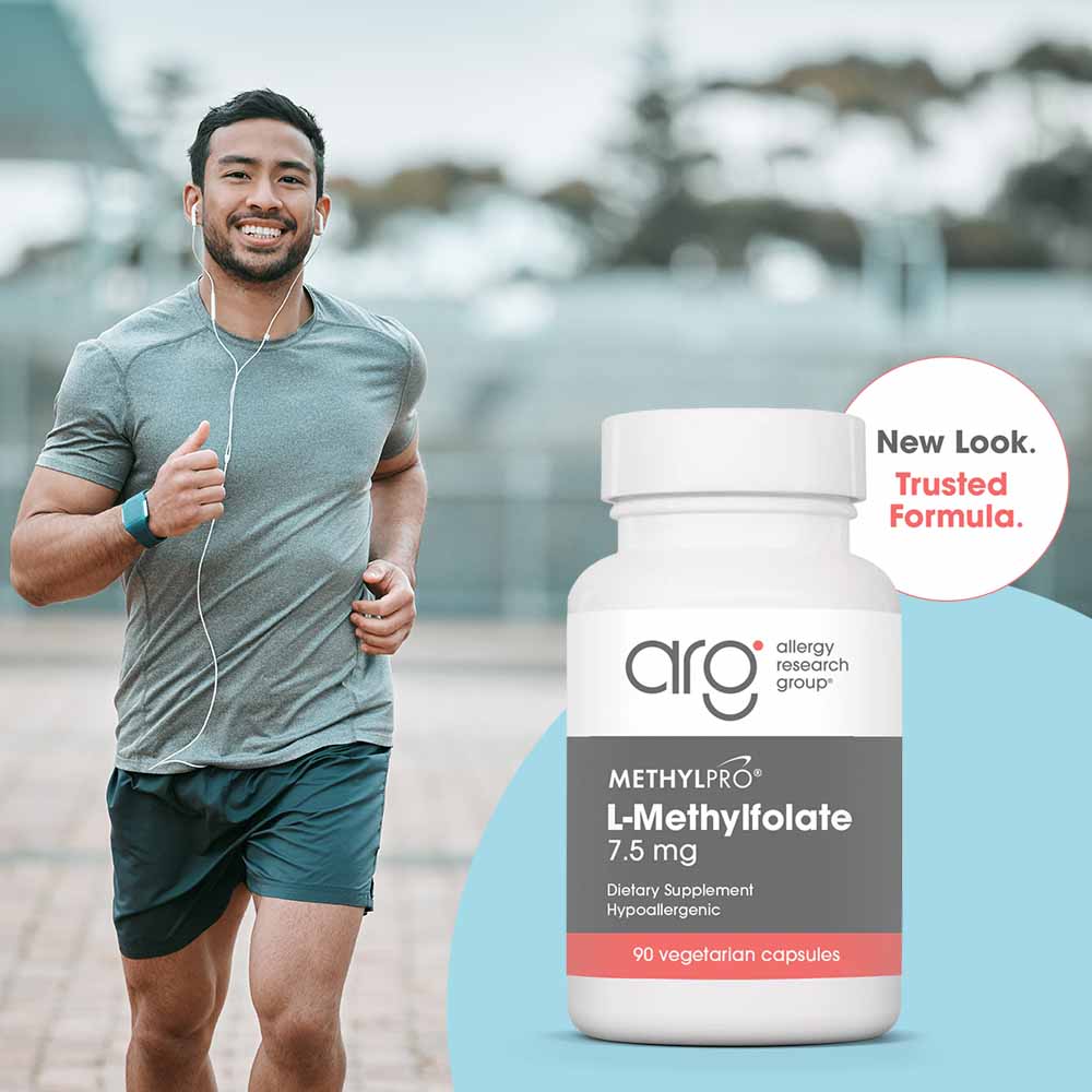 Man jogging outdoors with a supplement bottle labeled 'ARG' in the foreground