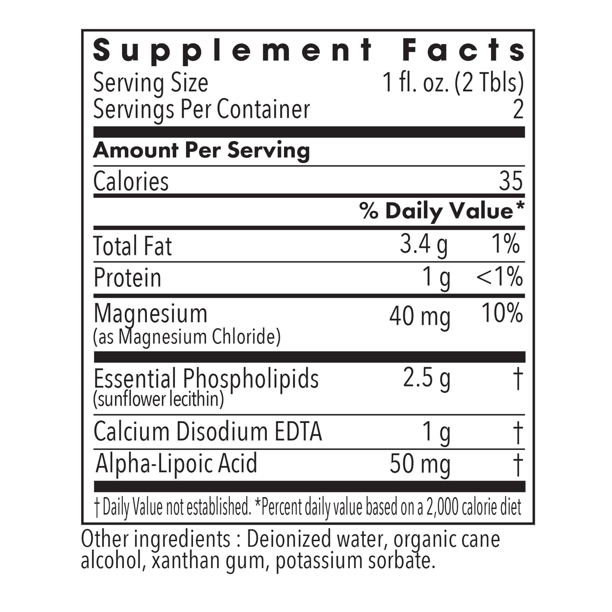 LipoPhos® EDTA - supplement fact label with Protein, Magnesium, Essential Phospholipids and more