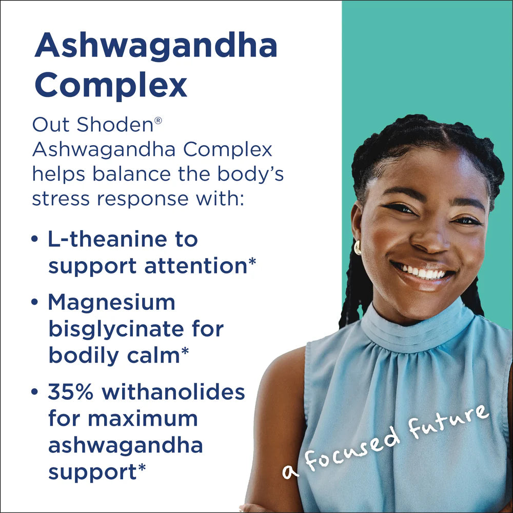 Ashwagandha Complex lifestyle graphic highlighting Out Shoden, L-theanine, magnesium bisglycinate, and 35 percent withanolides for stress support