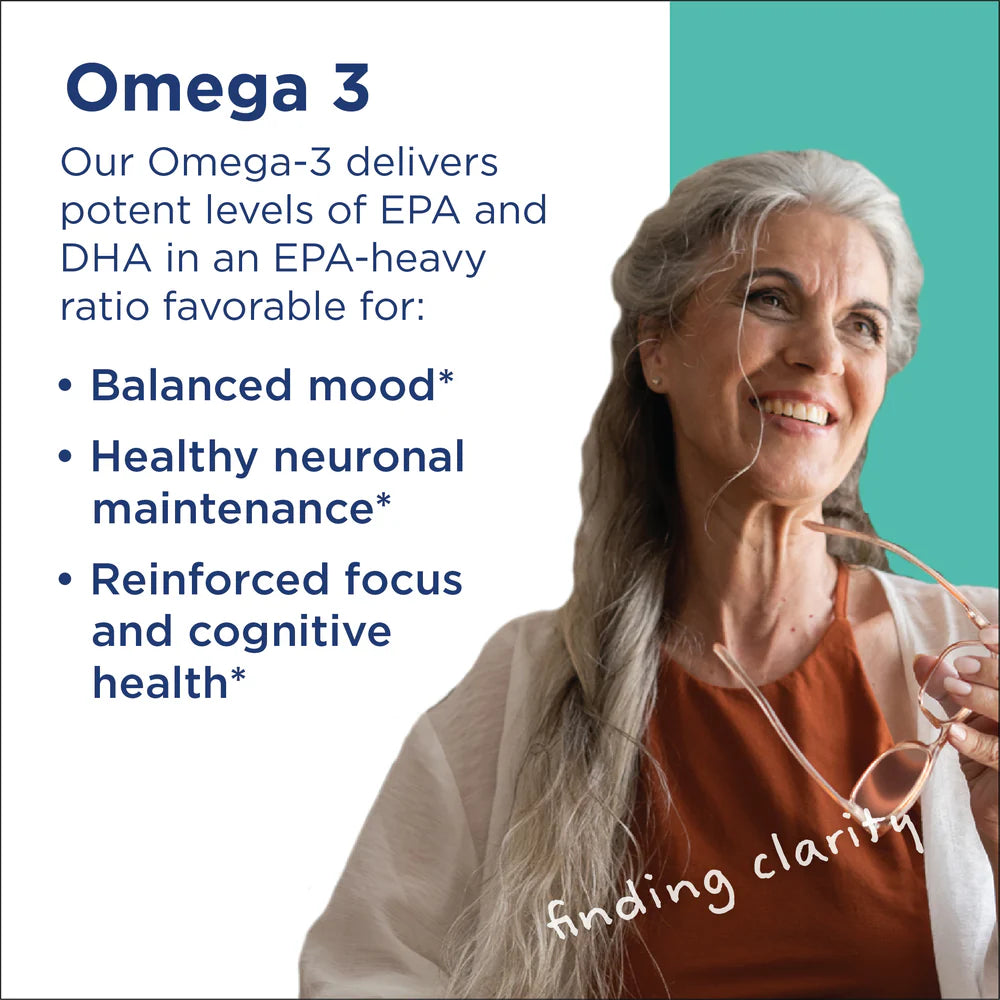Omega 3 lifestyle graphic highlighting EPA and DHA for balanced mood, neuronal maintenance, and cognitive focus support
