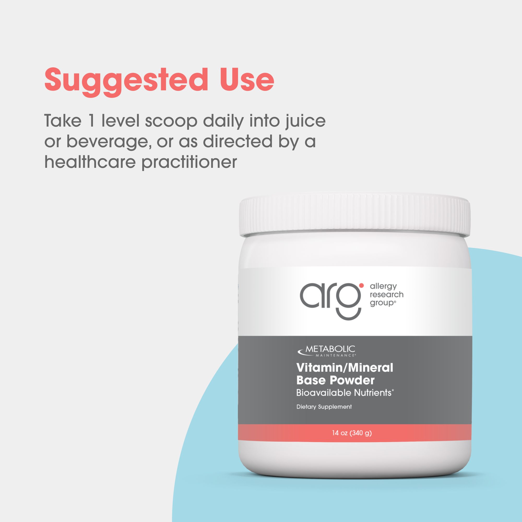 Suggested Use panel showing directions for daily intake beside a Vitamin Mineral Base Powder bottle