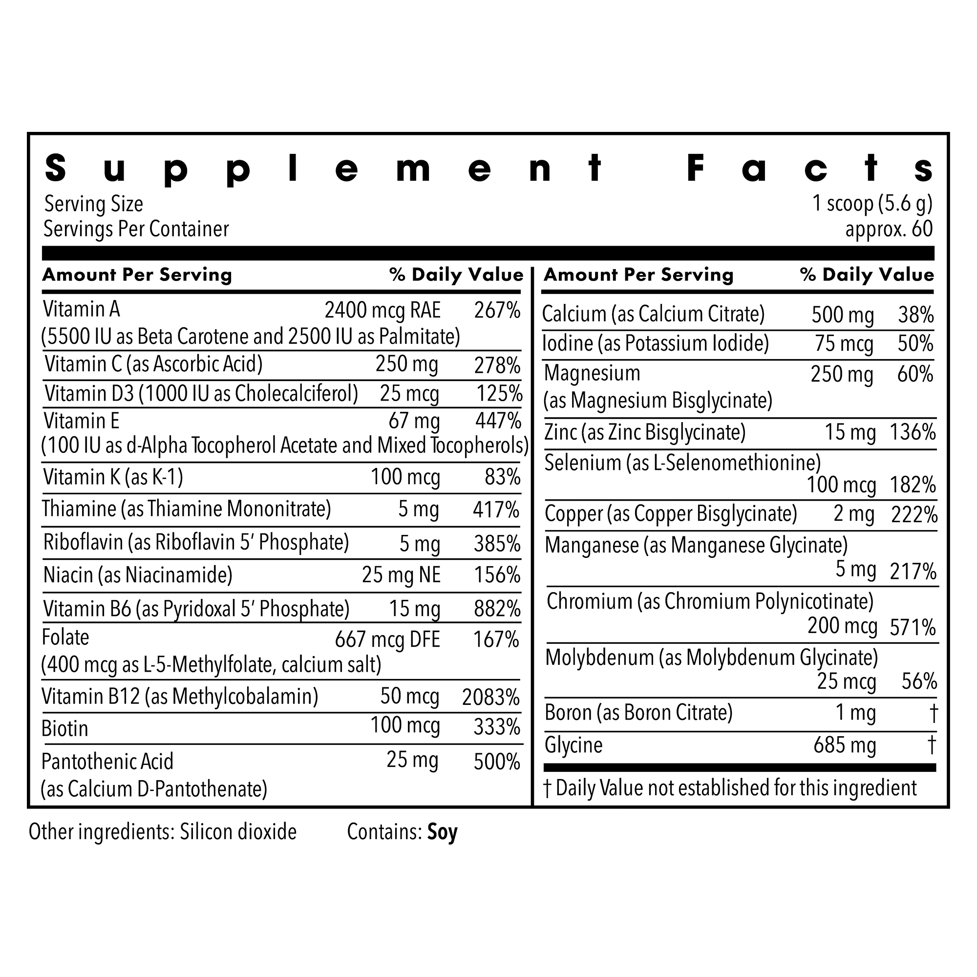 Supplement facts panel for Metabolic Maintenance Vitamin/Mineral Base Powder