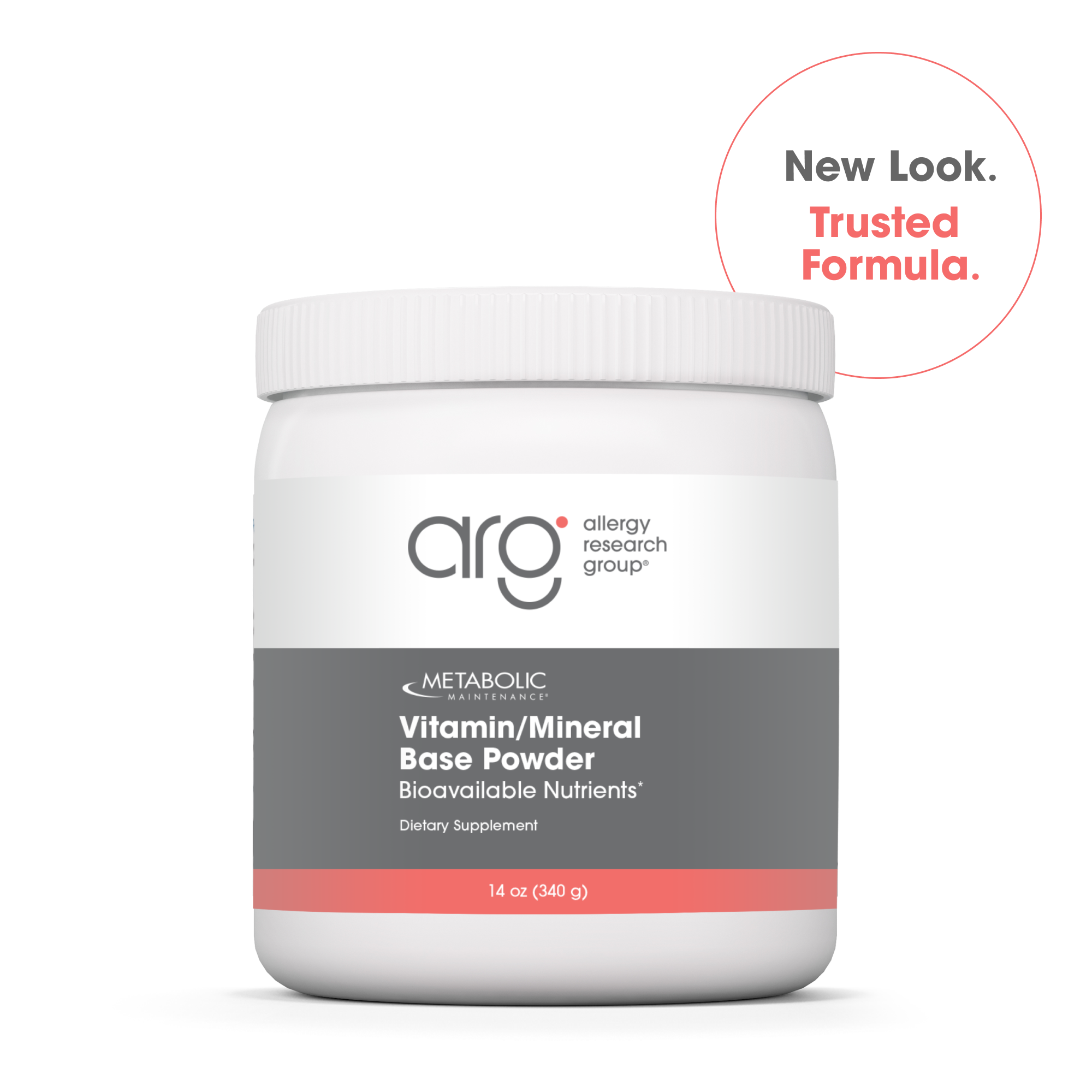 Vitamin Mineral Base Powder jar from Metabolic Maintenance with New Look Trusted Formula badge