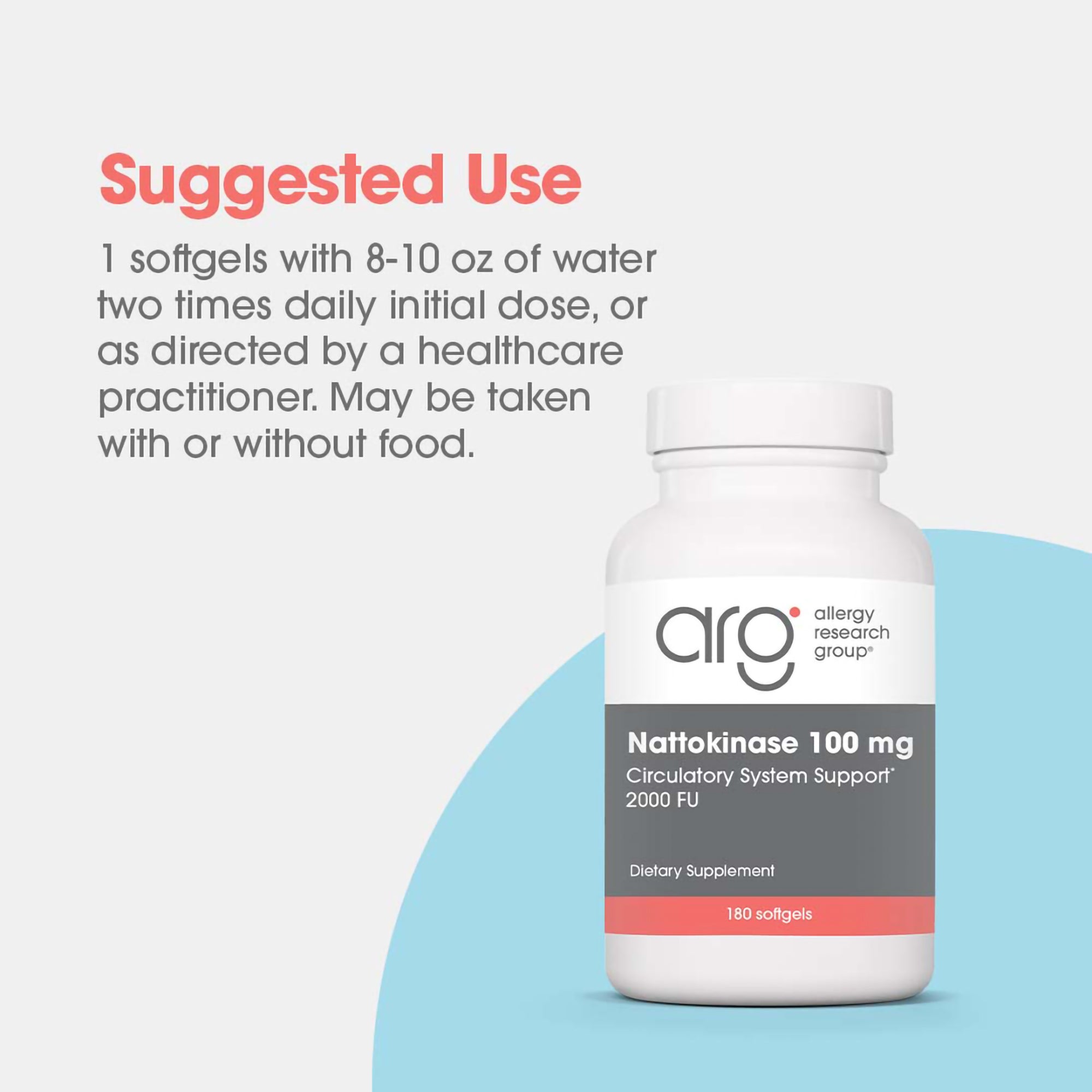 Suggested use panel for Nattokinase 100 mg showing serving directions and daily dosage instructions