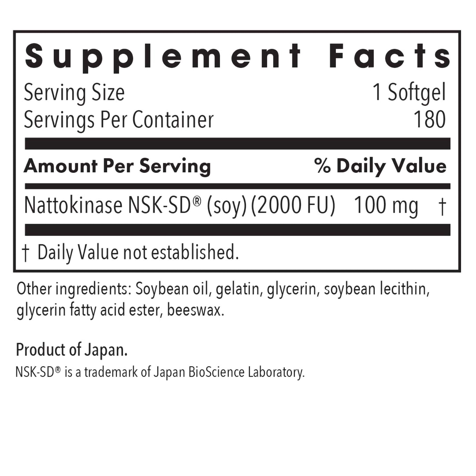 Nattokinase 100 mg - supplement fact label with Nattokinase NSK-SD