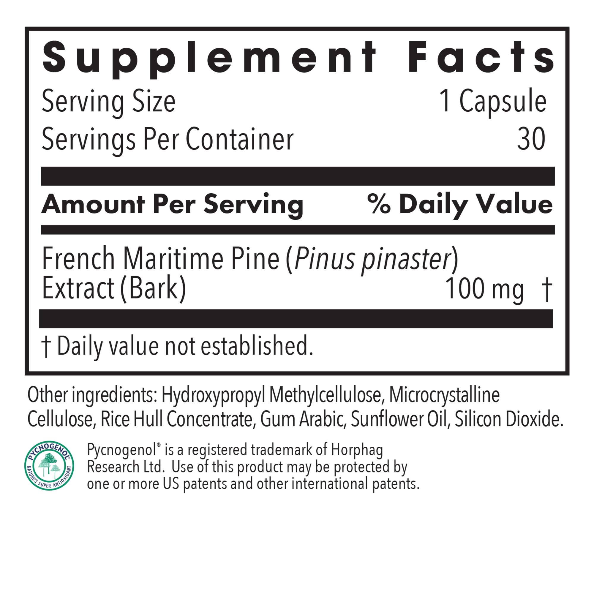 Pycnogenol® 100 - supplement fact label with French Maritime Pine Extract