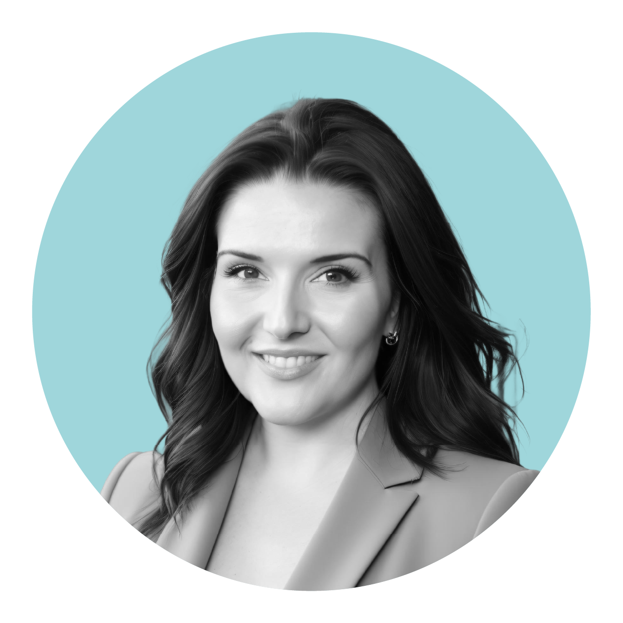 Woman with dark hair and a light blue circular background