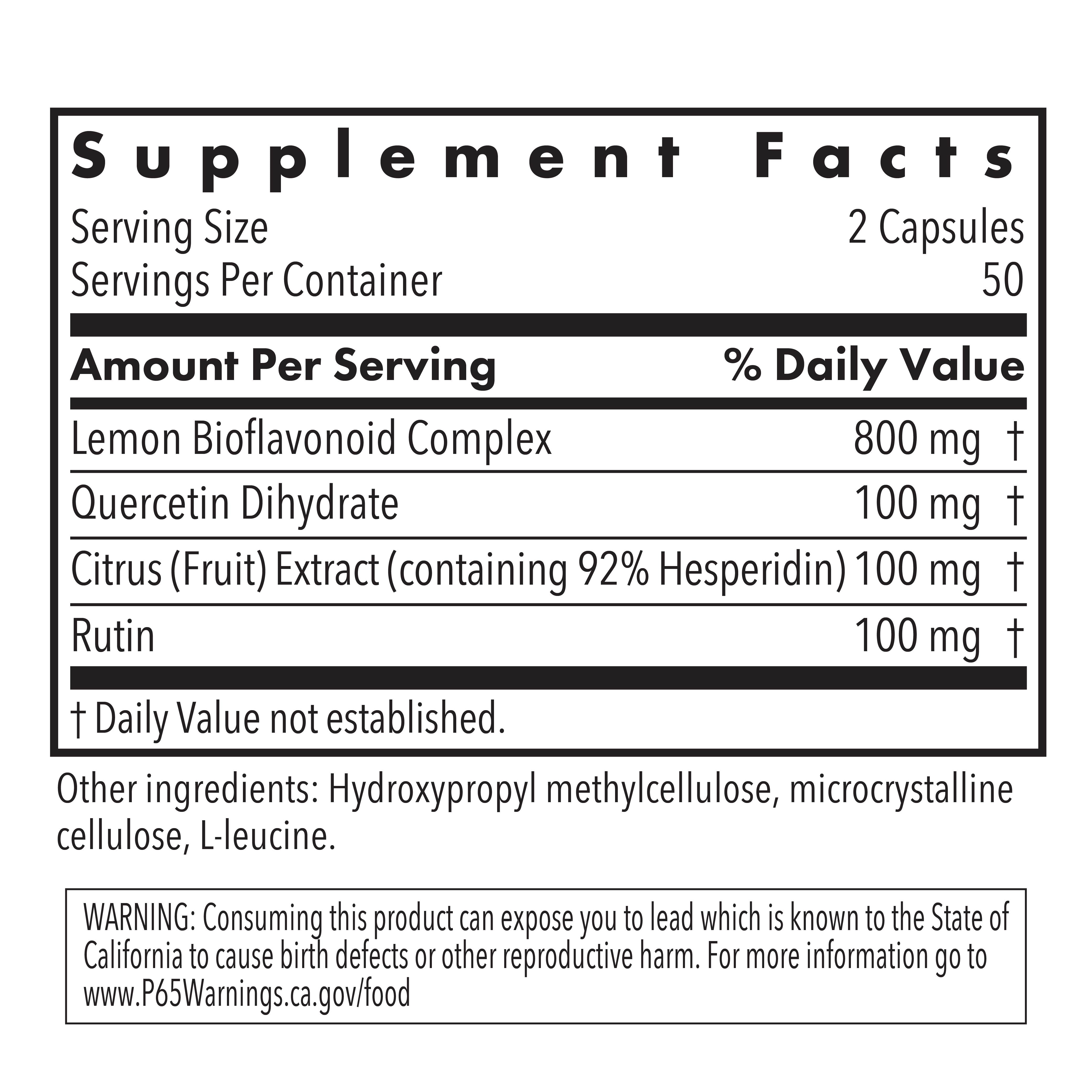Supplement Facts panel for Quercetin Bioflavonoids showing lemon bioflavonoid complex, quercetin dihydrate, hesperidin, and rutin per serving